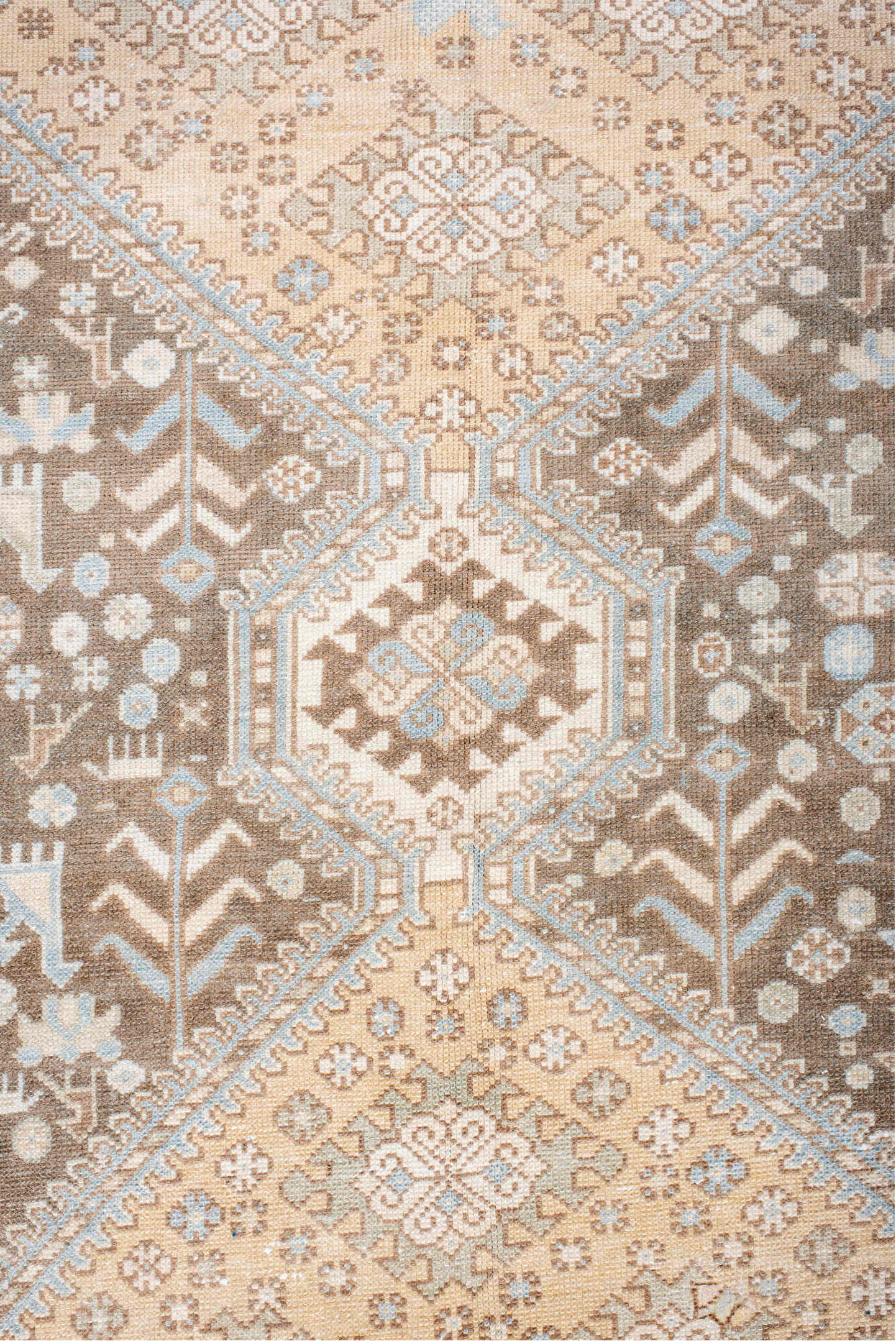 0' x 0' one-of-a-kind handmade vintage  small size rug. Color palette: pink, brown, off-white, gray, light gray, linen