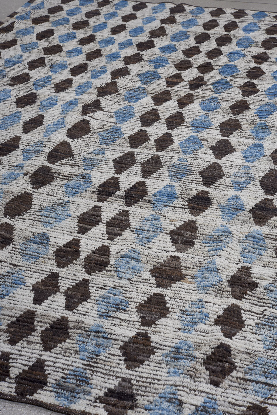 8' x 10' one-of-a-kind handmade vintage Tulu large size rug. Color palette: gray, black, blue, light gray, off-white