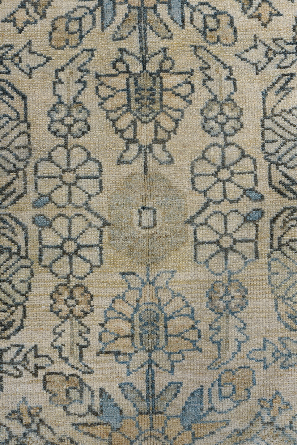 3' x 9' one-of-a-kind handmade vintage Malayer runner rug. Color palette: gray, black, light gray, off-white, blue, green