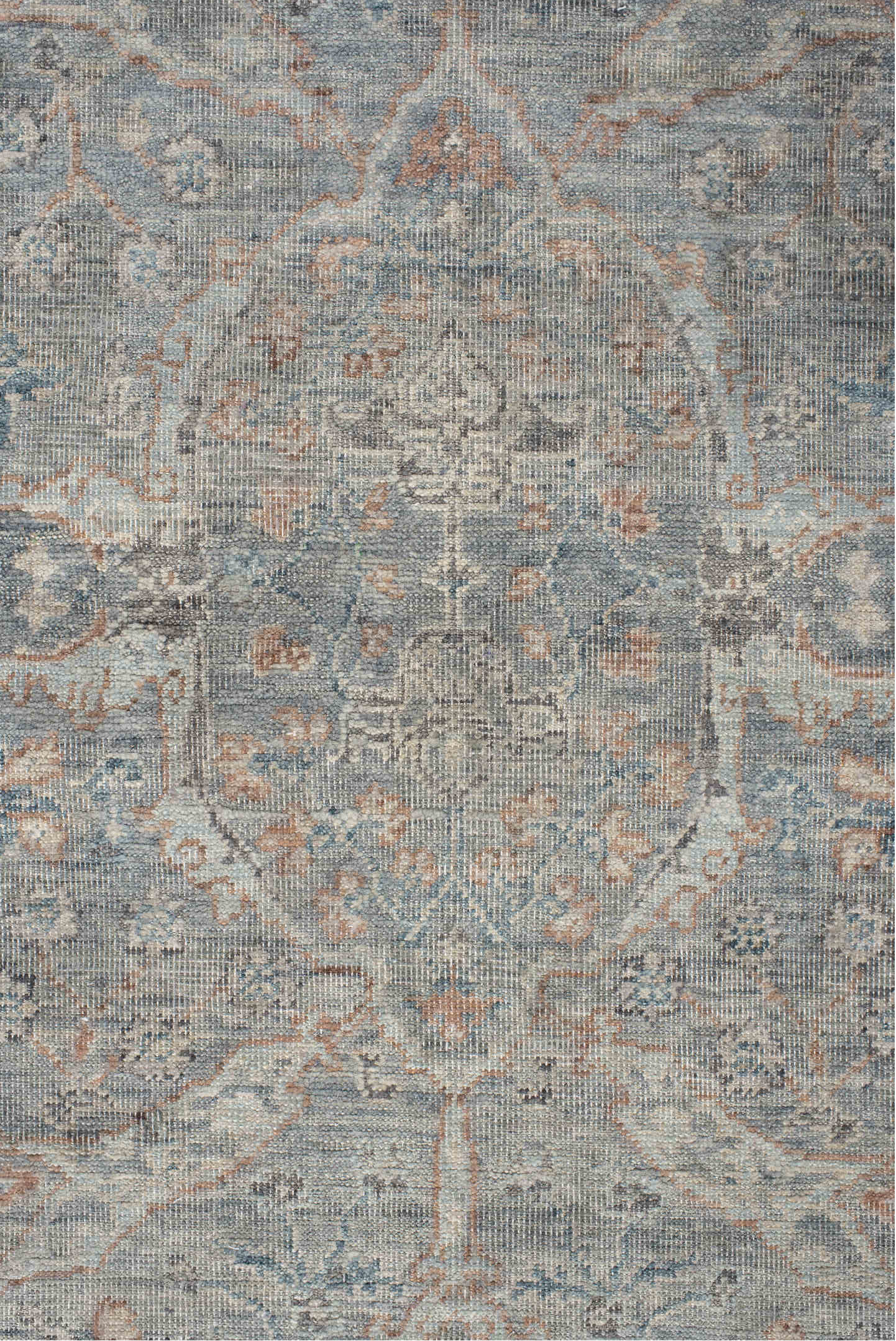 5' x 3' one-of-a-kind handmade vintage Oushak rug. Color palette: gray, light gray, off-white, pink, dim gray, dark gray