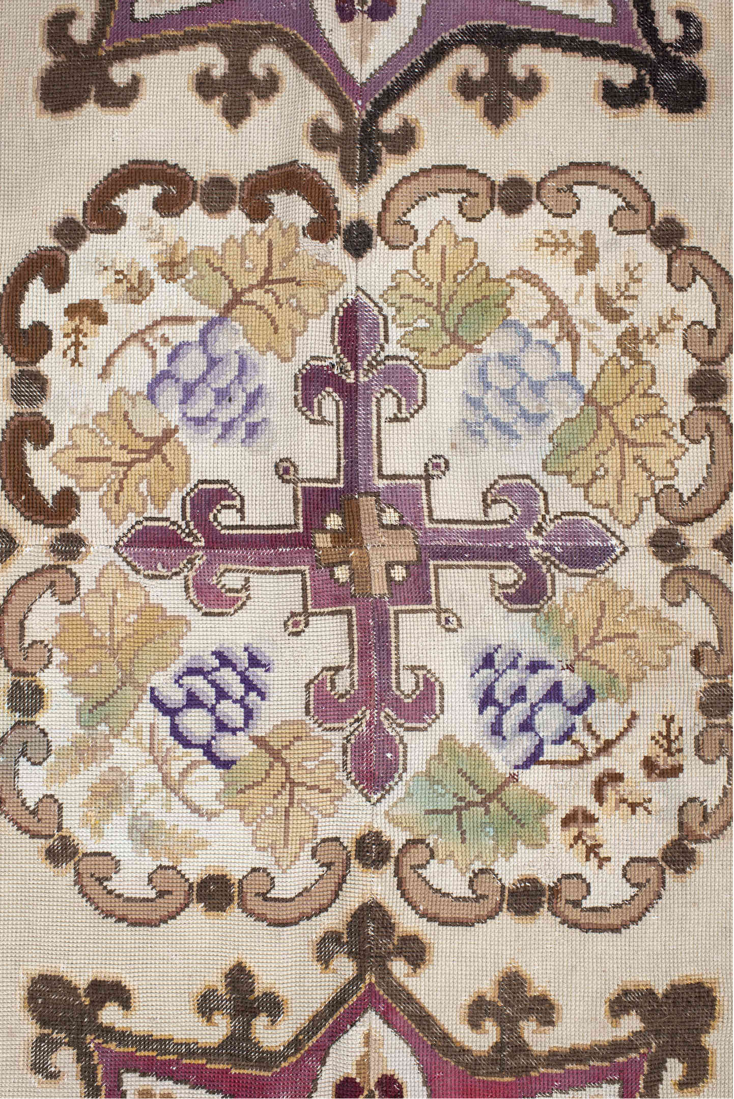 14' x 15' one-of-a-kind handmade vintage Needlepoint oversize rug. Color palette: brown, gray, light gray, off-white, pink