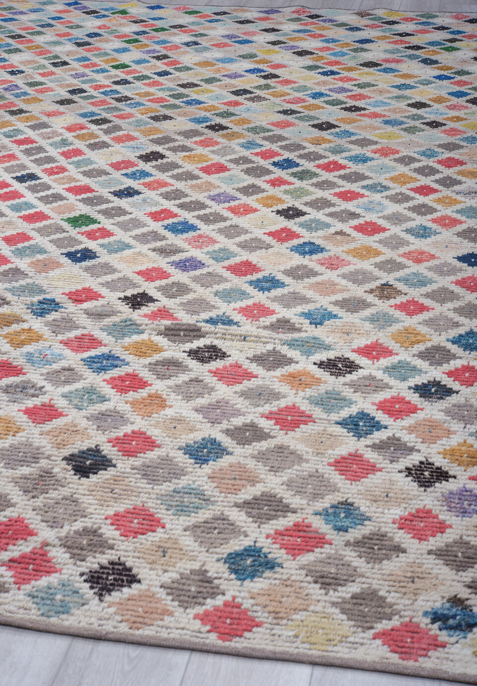 10' x 14' one-of-a-kind handmade vintage Tulu large size rug. Color palette: blue, brown, dark gray, dim gray, fiord, gray