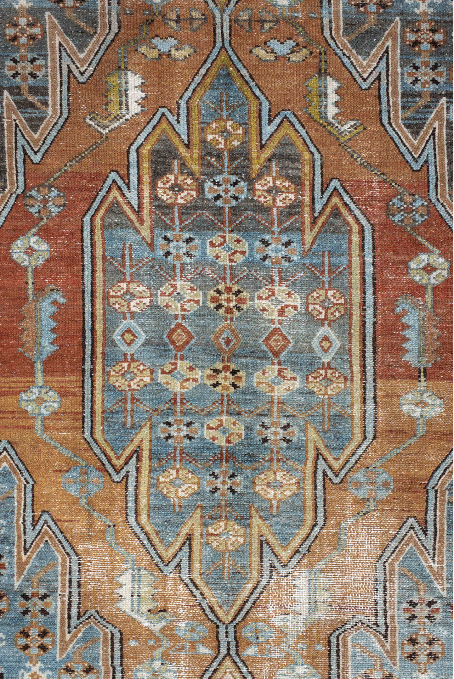 4' x 6' one-of-a-kind handmade vintage Mazlaghan small size rug. Color palette: antiquewhite, black, blue, brown, charcoal