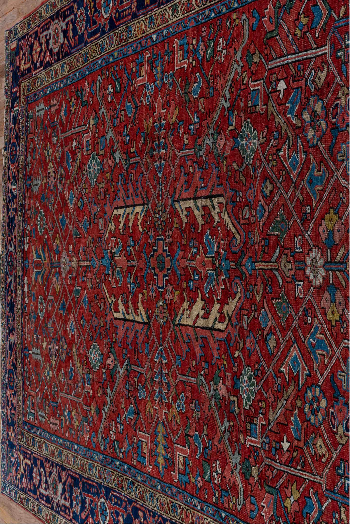 7' x 10' one-of-a-kind handmade vintage Heriz large size rug. Color palette: black, blue, brown, fiord, gray, off-white