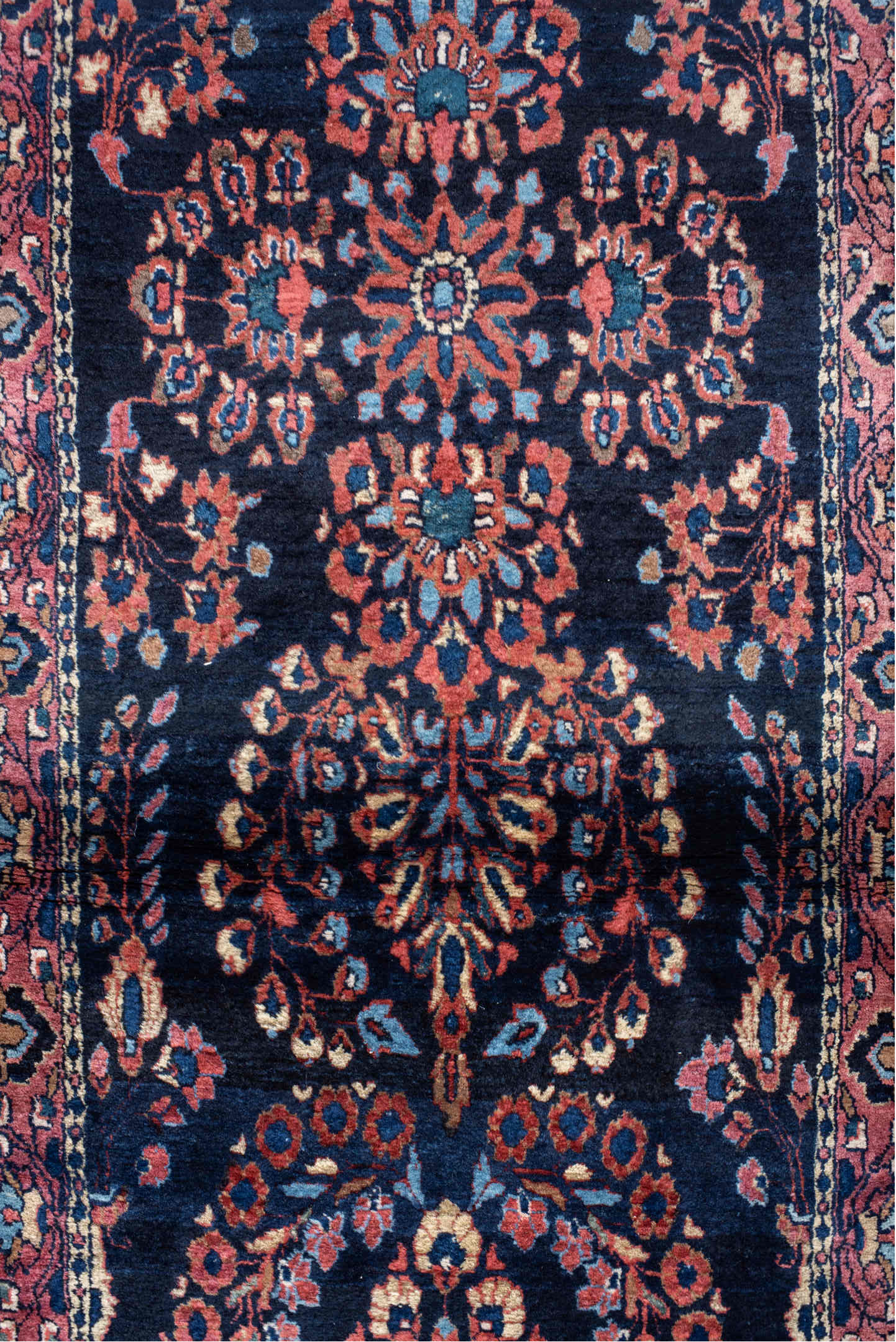 2' x 15' one-of-a-kind handmade vintage Sarouk runner rug. Color palette: red, brown, pink, gray, blue, light gray, orange