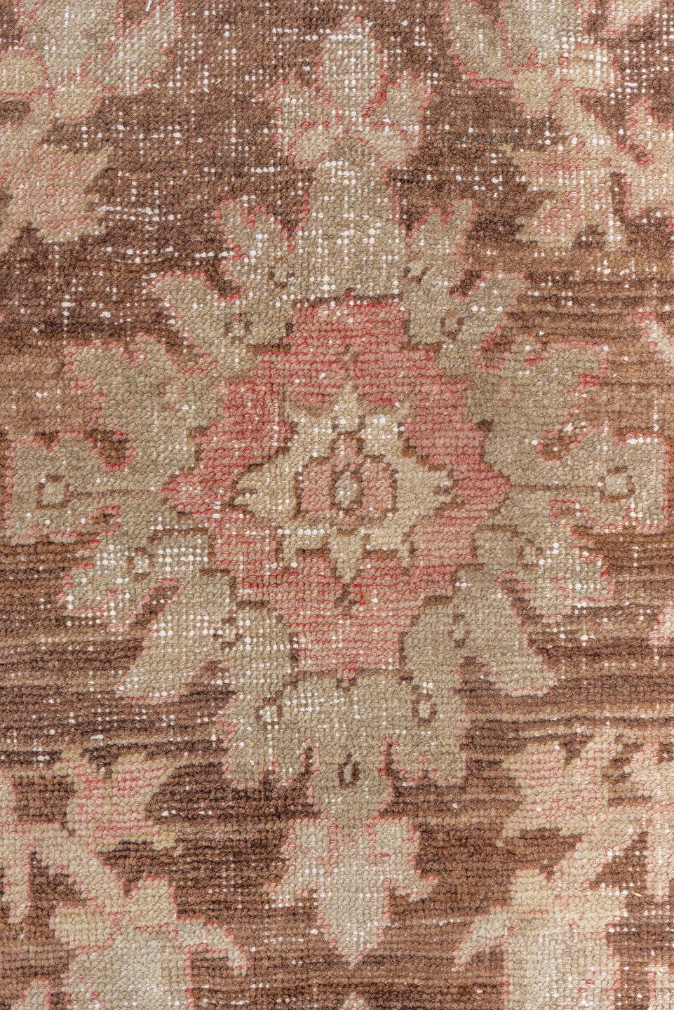 7' x 12' one-of-a-kind handmade vintage Oushak large size rug. Color palette: brown, gray, light gray, off-white, pink