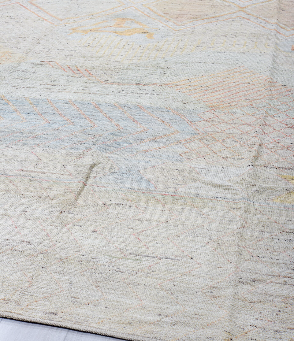 12' x 15' one-of-a-kind handmade vintage Tulu oversize rug. Color palette: dark gray, gainsboro, gray, light gray, off-white