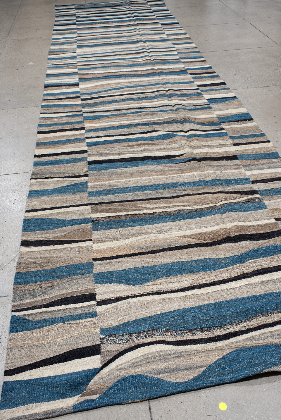 4' x 19' one-of-a-kind handmade vintage Kilim runner rug. Color palette: black, blue, charcoal, dim gray, gray, light gray