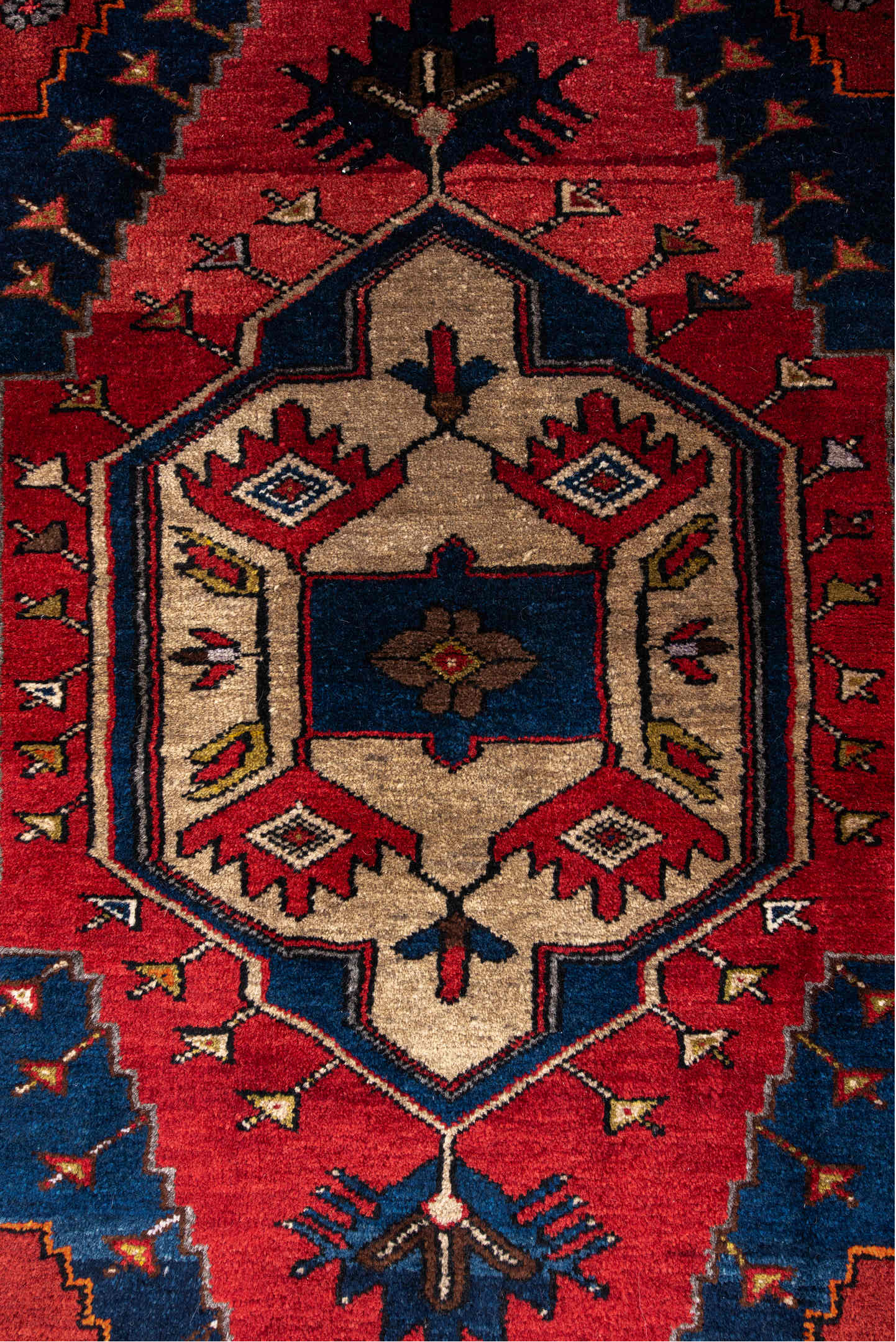 3' x 4' one-of-a-kind handmade vintage Anatol small size rug. Color palette: antiquewhite, bisque, black, blue, brown