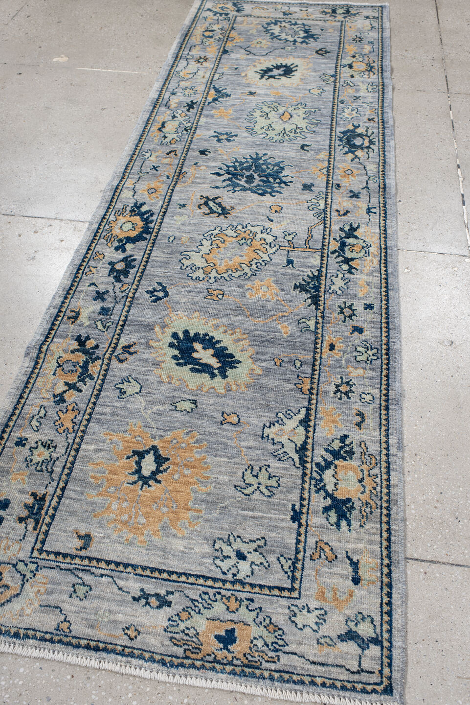 3' x 9' one-of-a-kind handmade vintage Oushak runner rug. Color palette: arapawa, blue, brown, fiord, gray, light blue