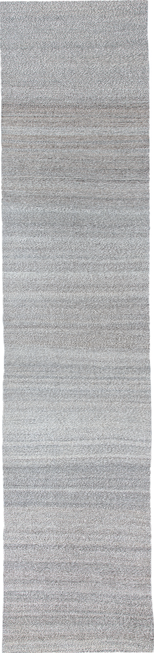 3' x 15' one-of-a-kind handmade vintage Kilim runner rug. Color palette: dim gray, gainsboro, gray, light blue, light gray