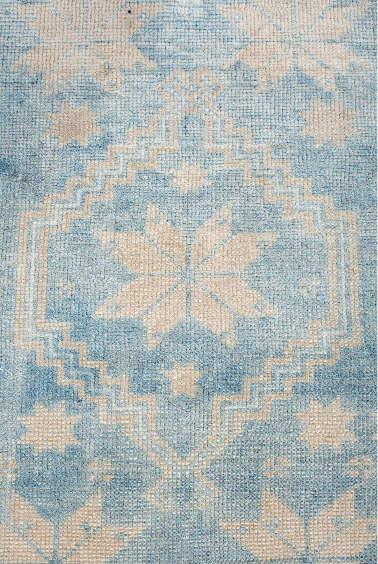 2' x 2' one-of-a-kind handmade vintage Anatol small size rug. Color palette: blue, dark gray, gray, light blue, light gray