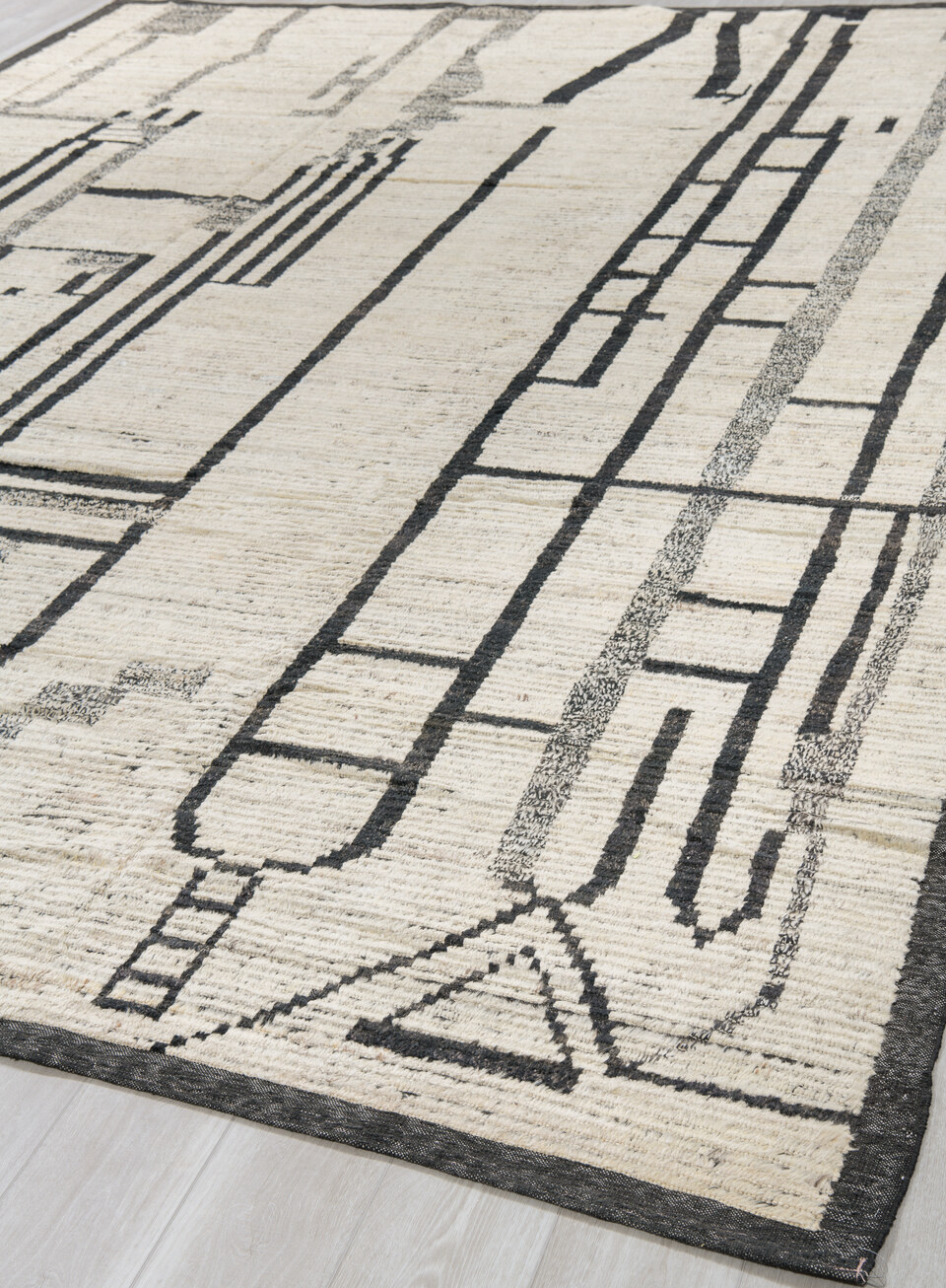 10' x 13' one-of-a-kind handmade vintage Tulu large size rug. Color palette: black, blue, charcoal, dim gray, gainsboro