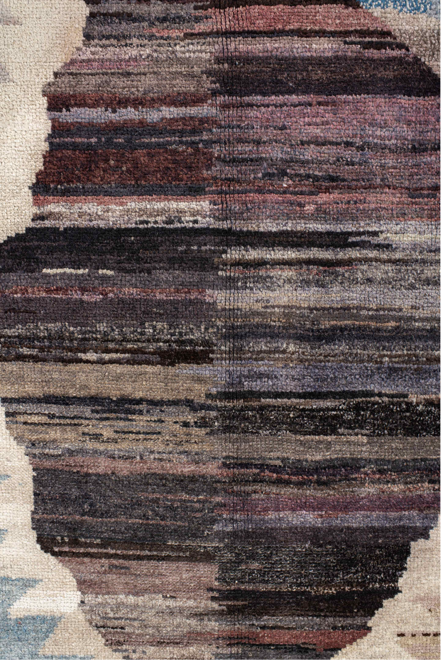 9' x 11' one-of-a-kind handmade vintage  large size rug. Color palette: gray, pink, blue, brown, red, black, light gray