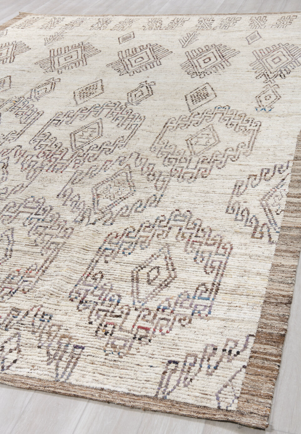 9' x 14' one-of-a-kind handmade vintage Tulu large size rug. Color palette: blue, gainsboro, gray, light gray, linen