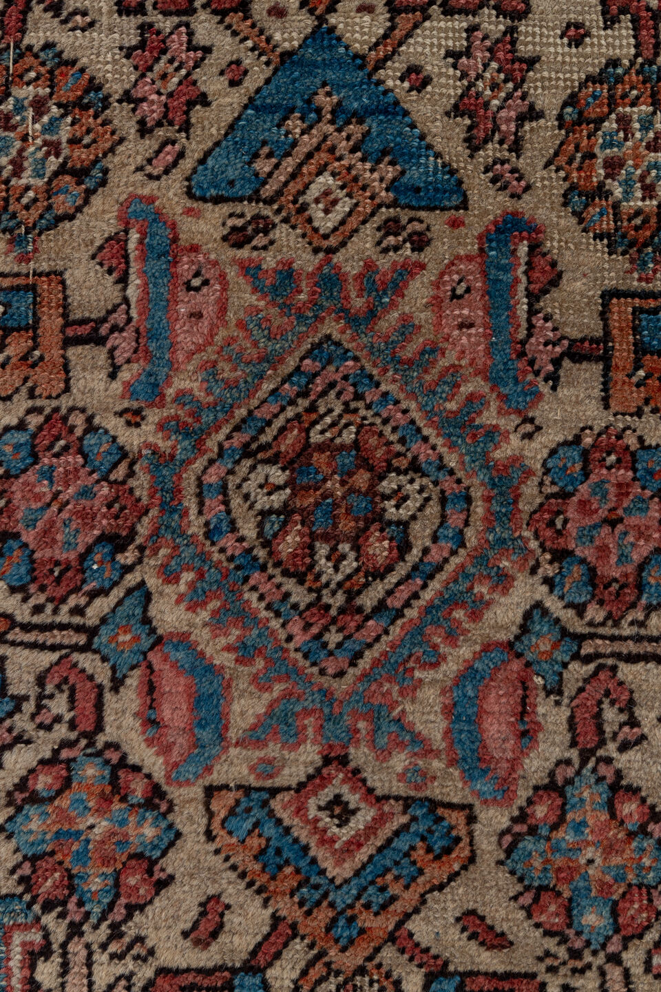 3' x 13' one-of-a-kind handmade vintage Sarab runner rug. Color palette: black, blue, brown, gray, pink, red