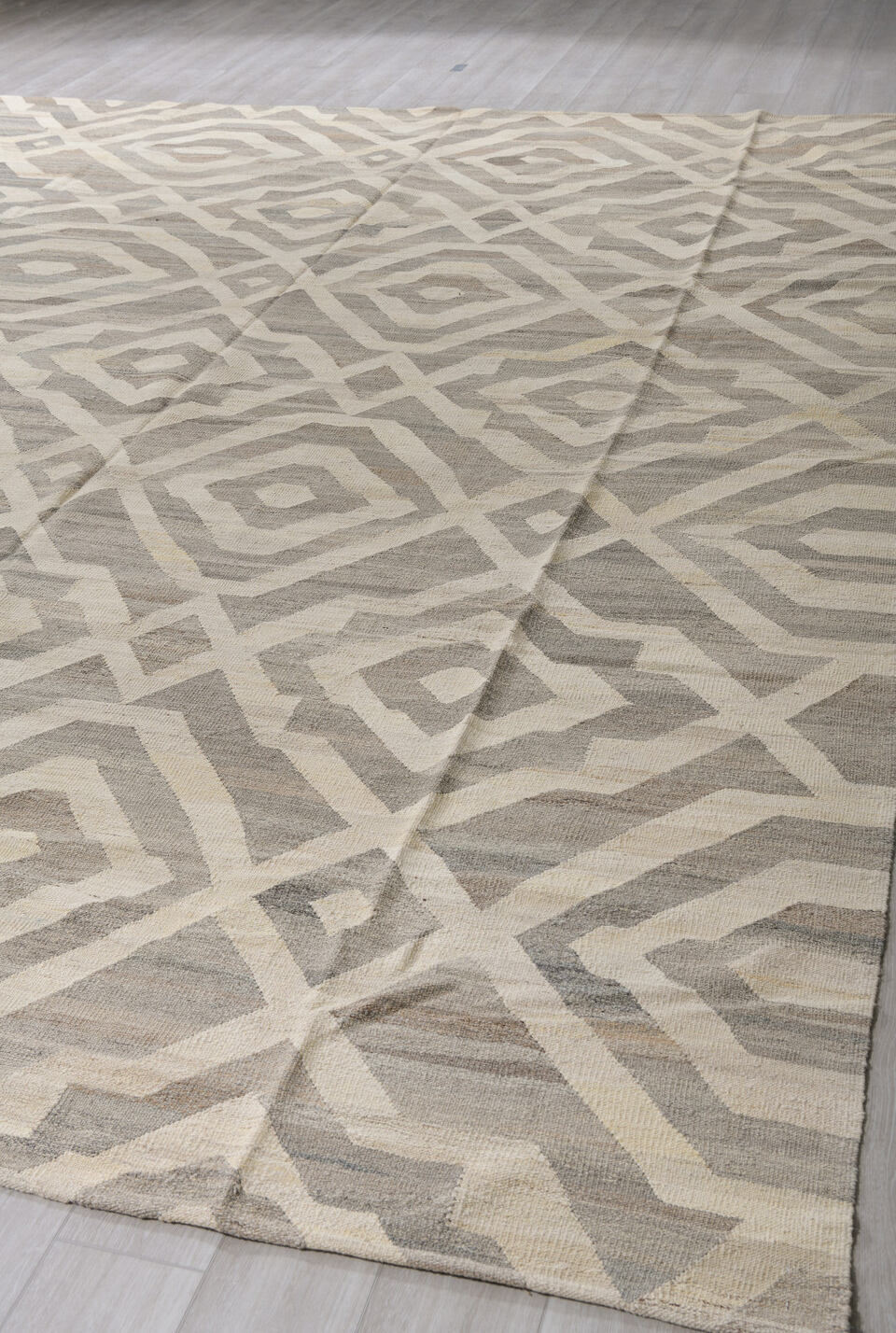 12' x 15' one-of-a-kind handmade vintage Kilim oversize rug. Color palette: dark gray, gray, light gray, off-white, silver