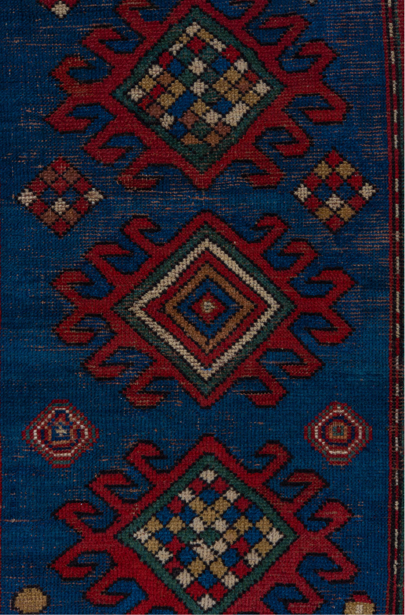 3' x 6' one-of-a-kind handmade vintage Kazak small size rug. Color palette: blue, brown, gray, pink, red