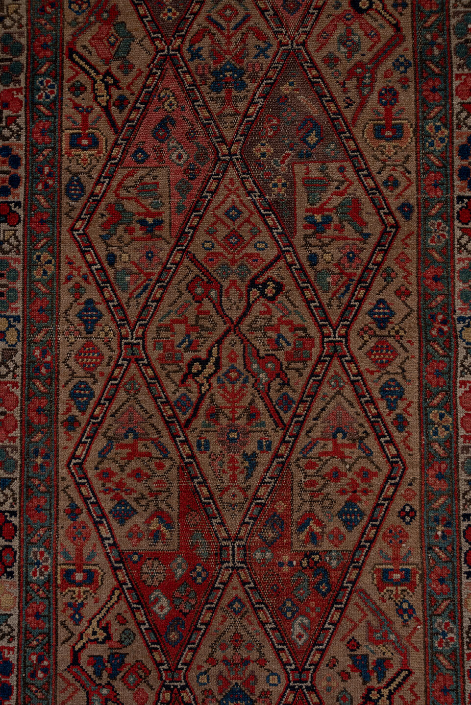 2' x 18' one-of-a-kind handmade vintage Cam Hamadan runner rug. Color palette: brown, gray, off-white, pink, red, snow