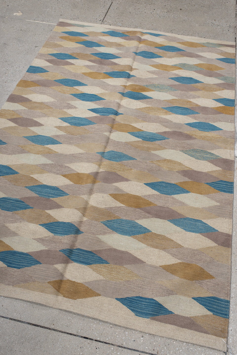 4' x 5' one-of-a-kind handmade vintage Kilim small size rug. Color palette: gray, blue, light gray, off-white, pink, brown