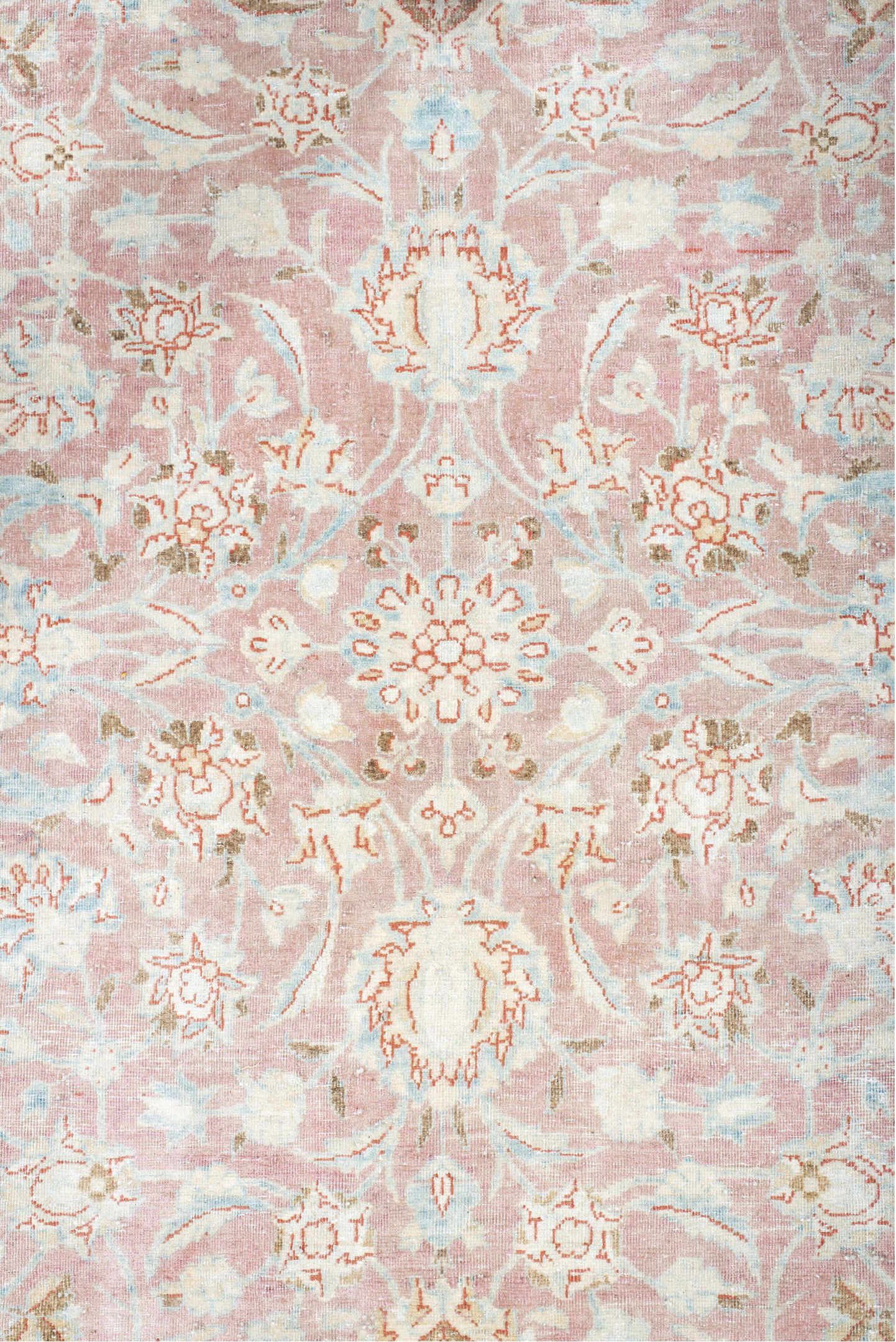 8' x 12' one-of-a-kind handmade vintage Kerman large size rug. Color palette: gray, pink, off-white, light gray, light blue