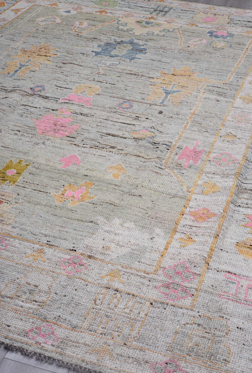 8' x 9' one-of-a-kind handmade vintage Oushak rug. Color palette: black, brown, charcoal, dark gray, gray, light gray