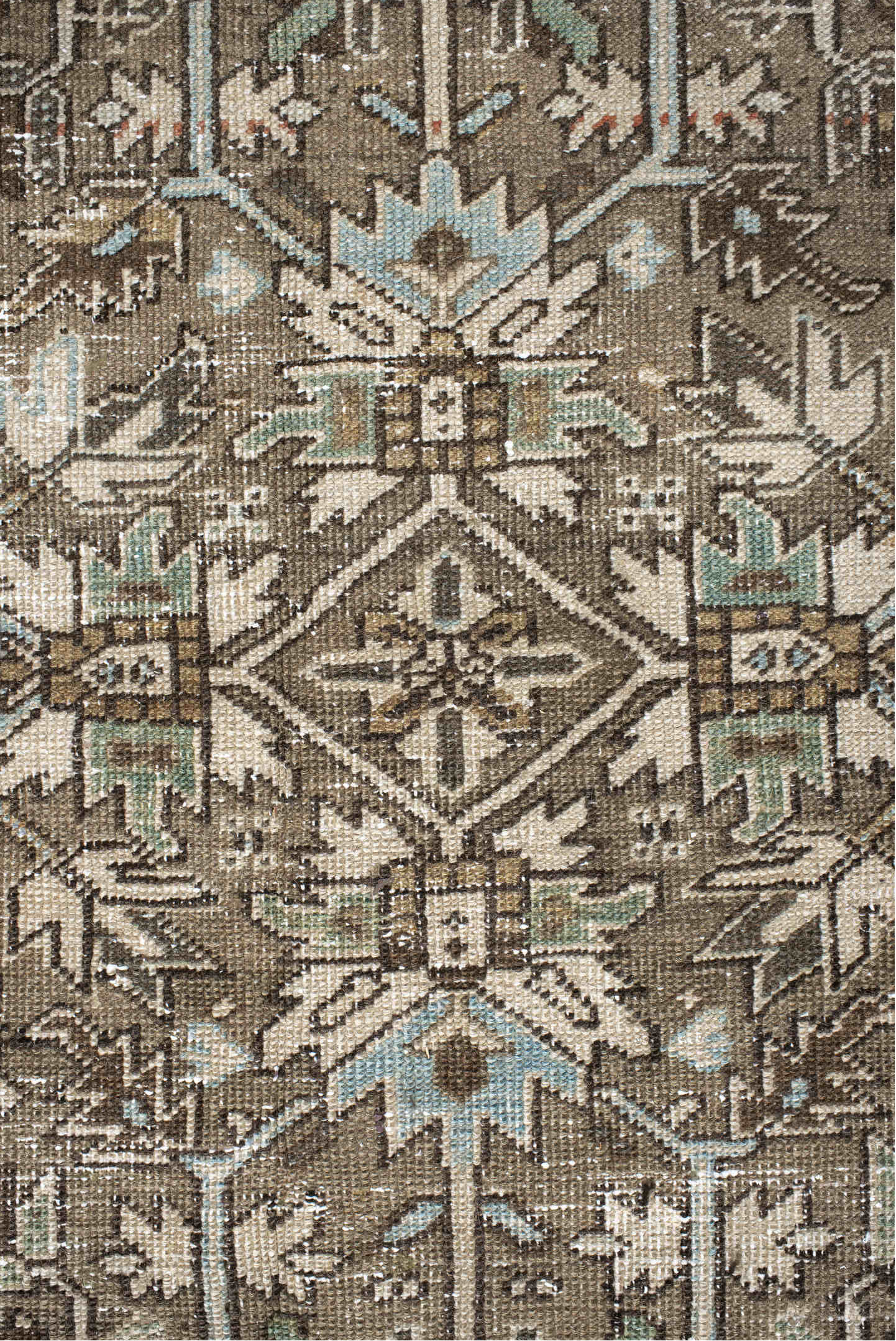 7' x 10' one-of-a-kind handmade vintage Karaje large size rug. Color palette: antiquewhite, beige, black, brown, charcoal