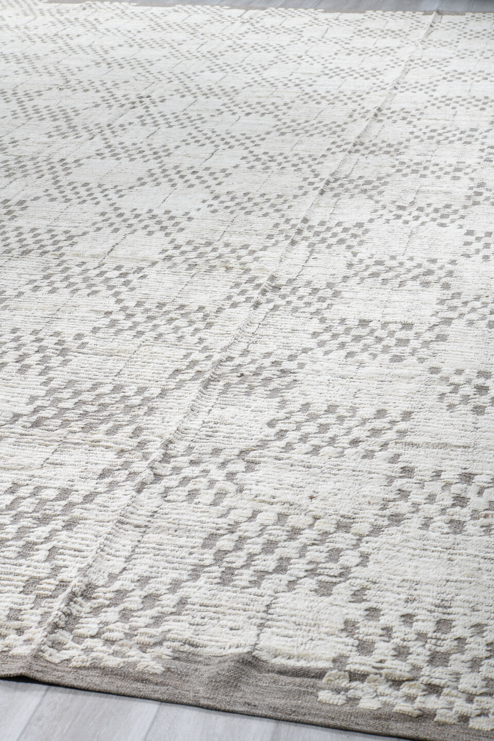 13' x 19' one-of-a-kind handmade vintage Tulu oversize rug. Color palette: black, dark gray, dim gray, gainsboro, gray