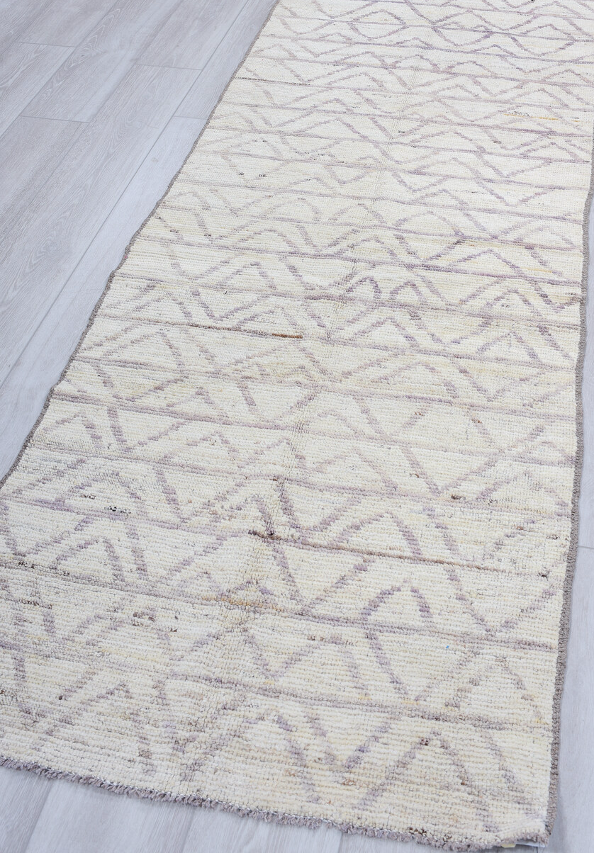 3' x 10' one-of-a-kind handmade vintage Tulu runner rug. Color palette: dark gray, dim gray, gainsboro, gray, light blue