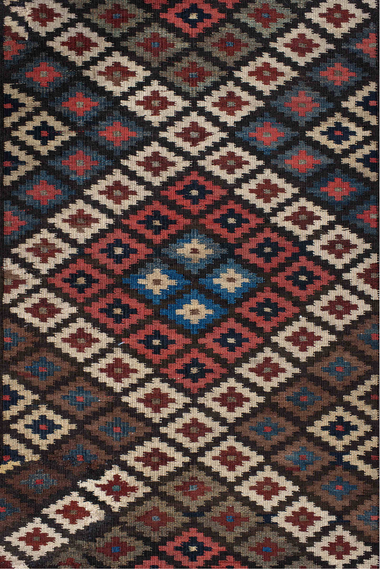 3' x 15' one-of-a-kind handmade vintage Kilim runner rug. Color palette: blue, brown, fiord, gray, off-white, pink, red, tan