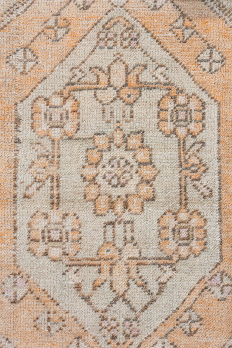 2' x 4' one-of-a-kind handmade vintage Oushak small size rug. Color palette: brown, gray, light gray, off-white, orange