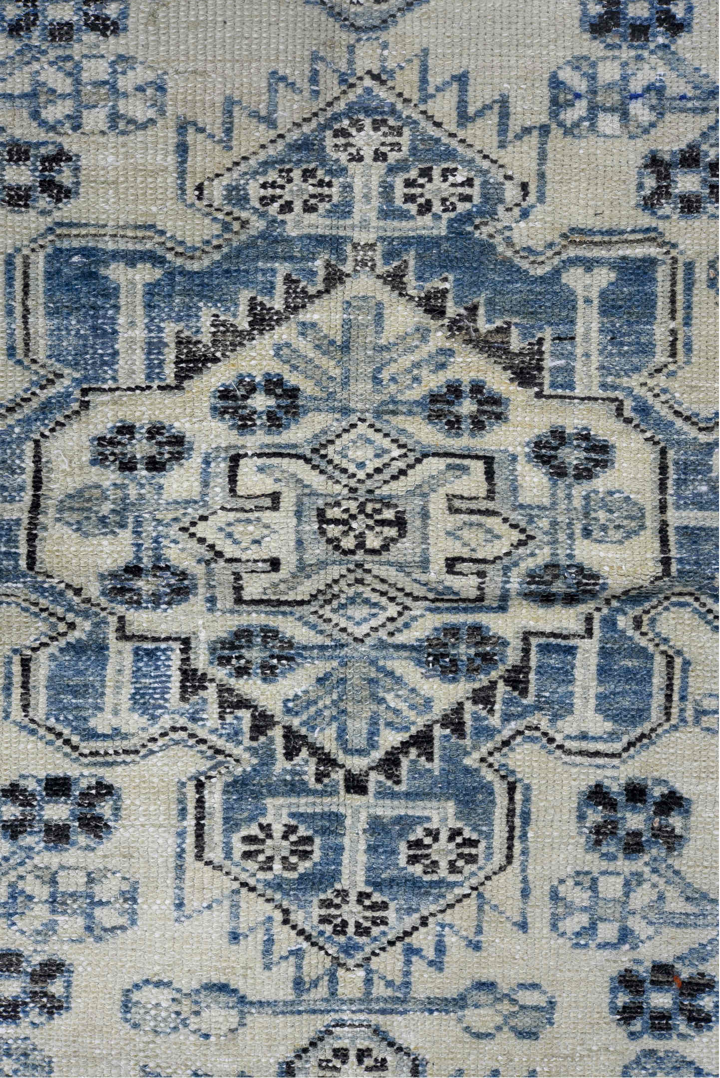 2' x 9' one-of-a-kind handmade vintage Karaje runner rug. Color palette: black, blue, charcoal, dim gray, fiord, gainsboro