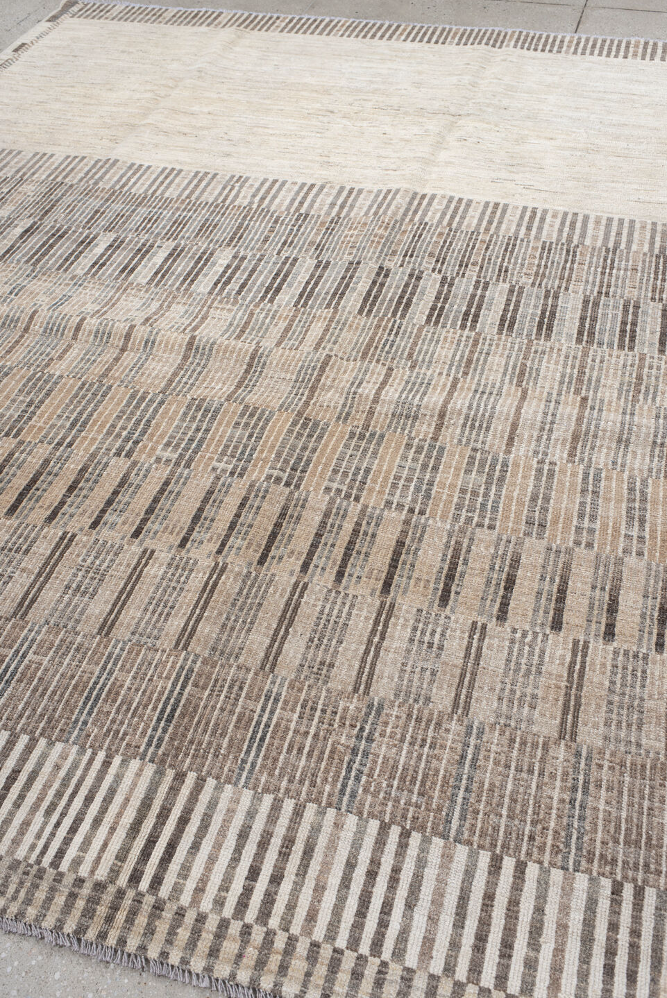 7' x 9' one-of-a-kind handmade vintage Tulu rug. Color palette: off-white, pink, gray, light gray, black, antiquewhite