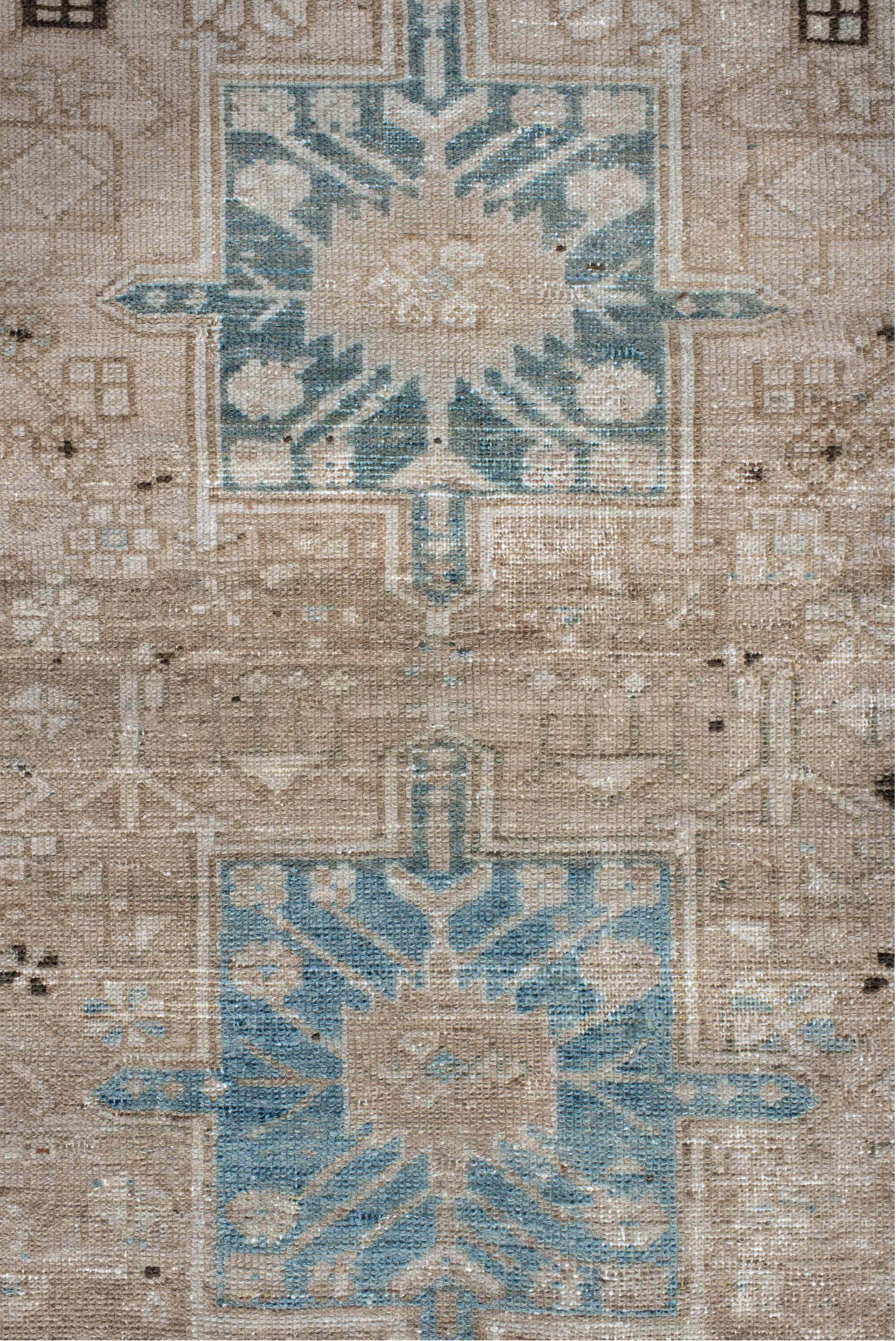 2' x 9' one-of-a-kind handmade vintage Karaje runner rug. Color palette: gray, brown, light gray, off-white, blue, pink