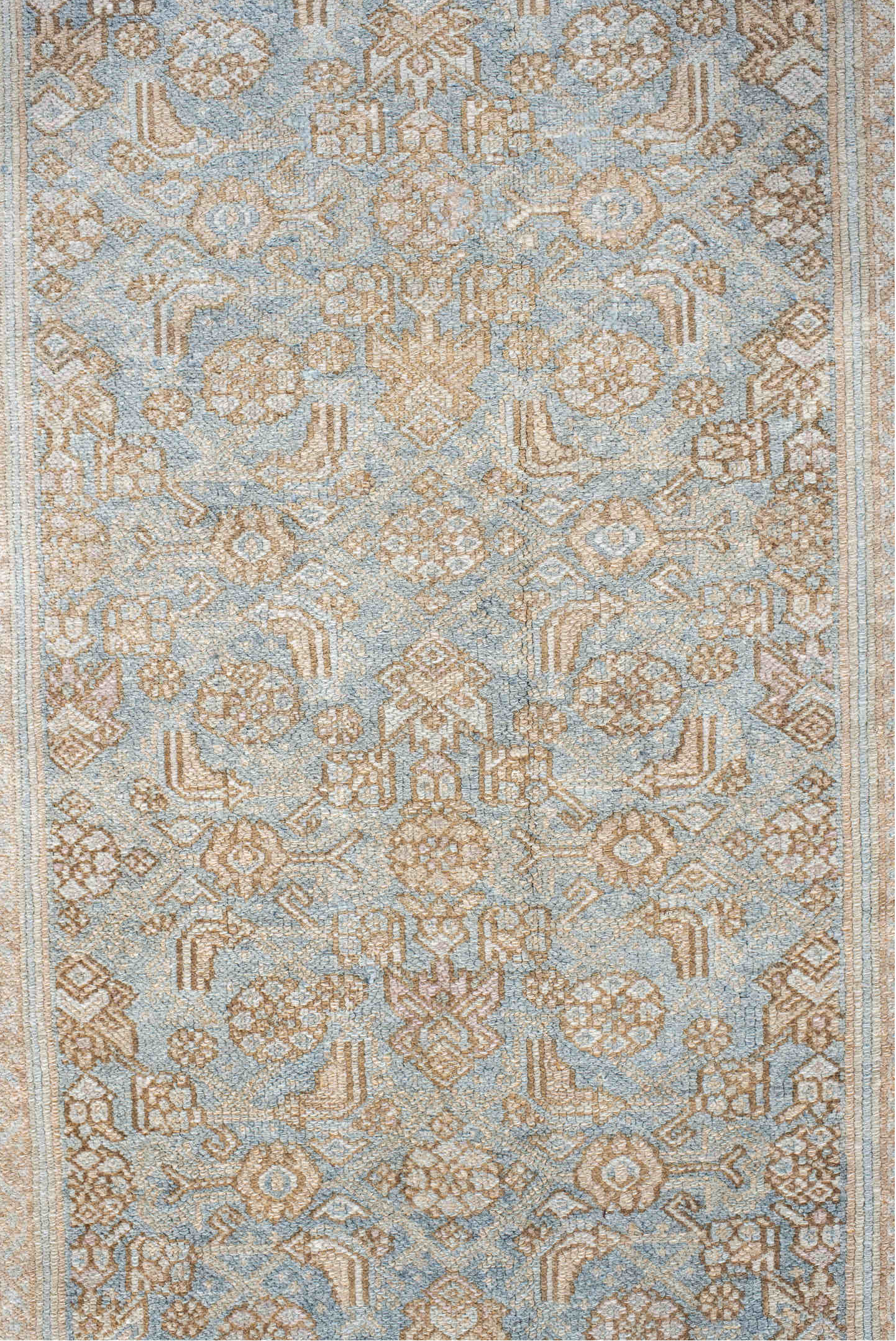 2' x 13' one-of-a-kind handmade vintage Bibikabad runner rug. Color palette: brown, dark gray, gainsboro, gray, light gray