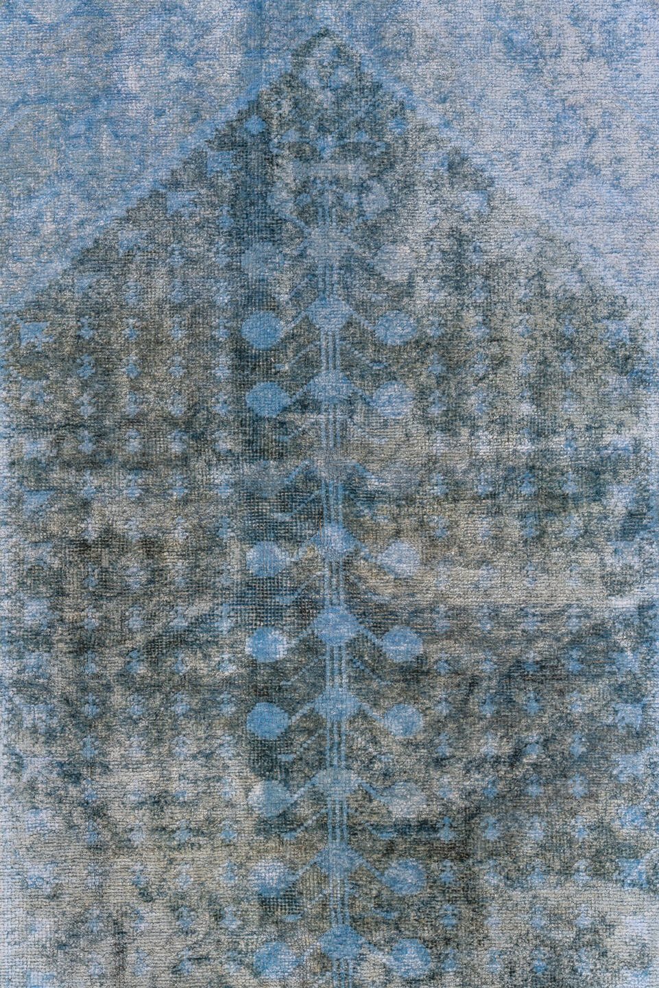 3' x 6' one-of-a-kind handmade vintage Overdyed small size rug. Color palette: blue, gray, light blue