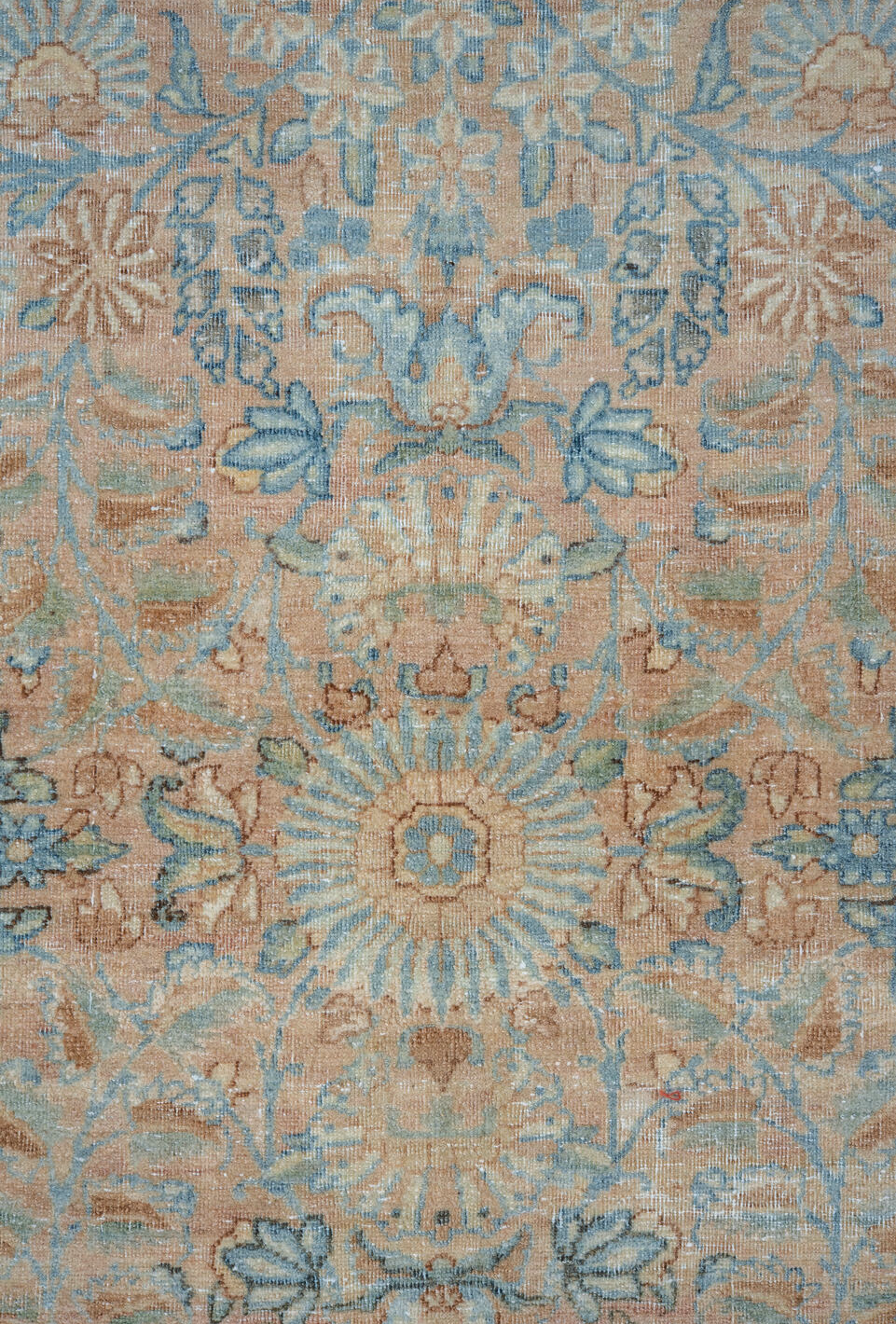 13' x 15' one-of-a-kind handmade vintage Kerman oversize rug. Color palette: dim gray, gainsboro, gray, light blue