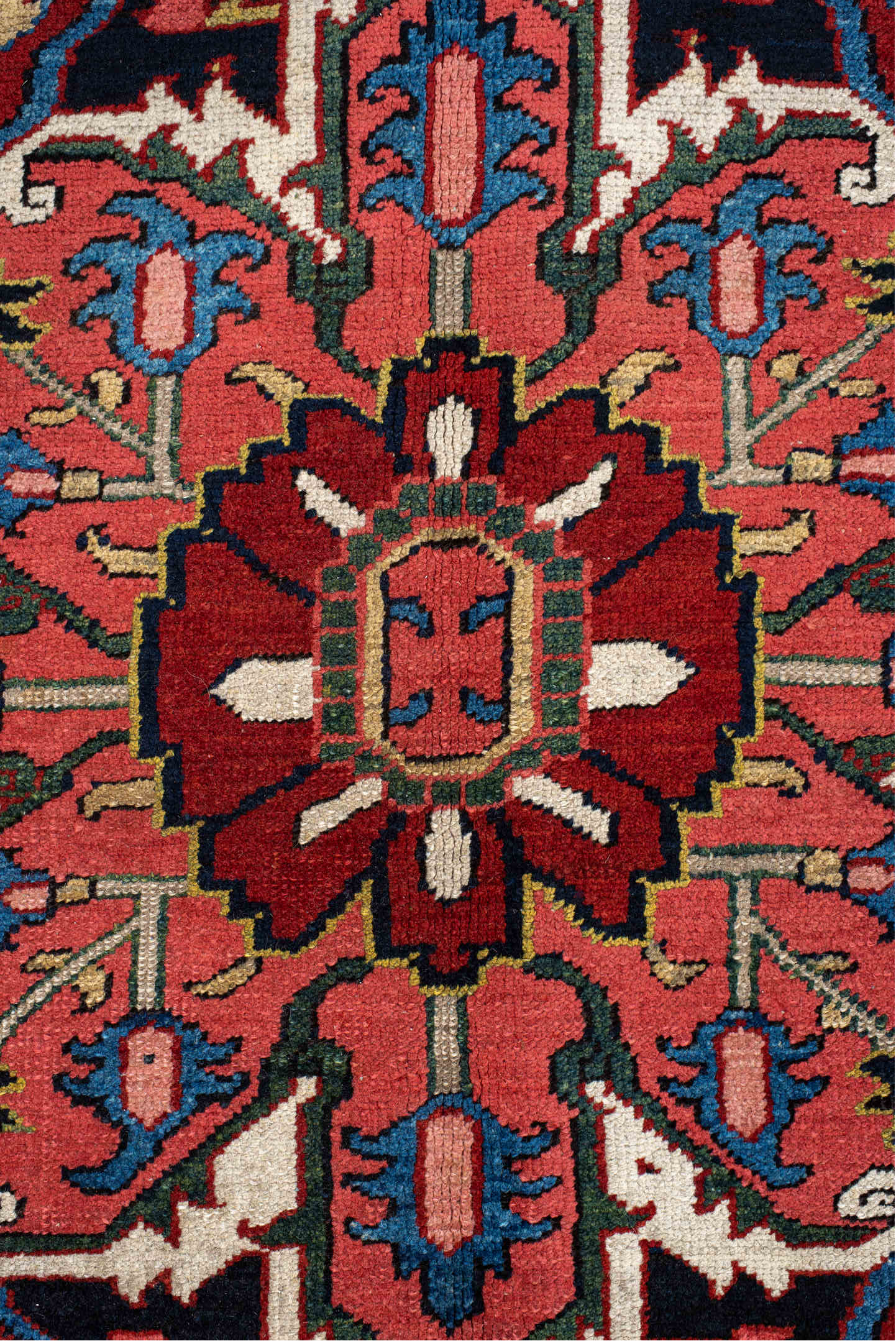 9' x 12' one-of-a-kind handmade vintage Heriz large size rug. Color palette: blue, brown, gray, light gray, off-white