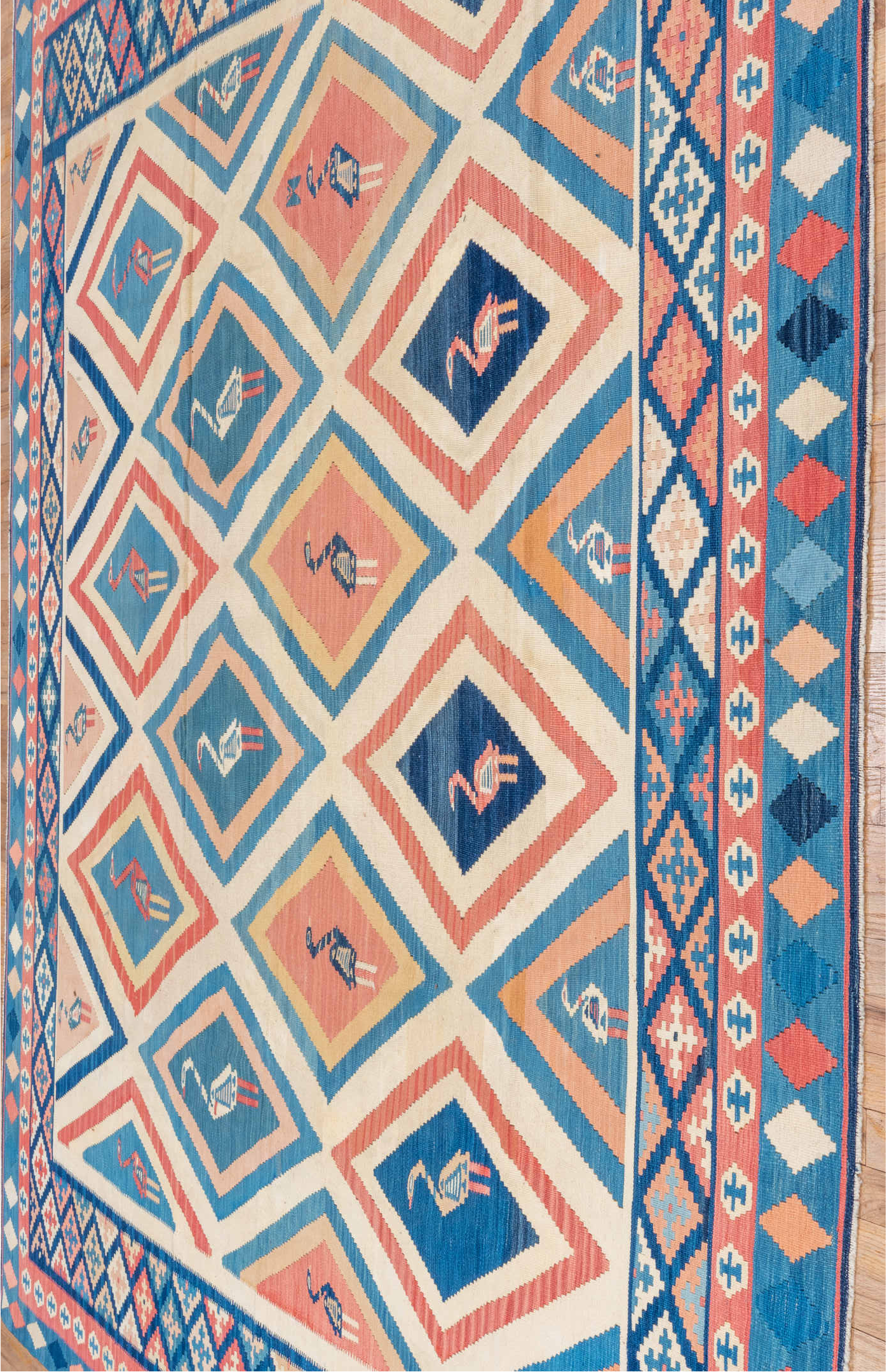 10' x 10' one-of-a-kind handmade vintage Kilim large size rug. Color palette: pink, red, gray, blue, brown, off-white