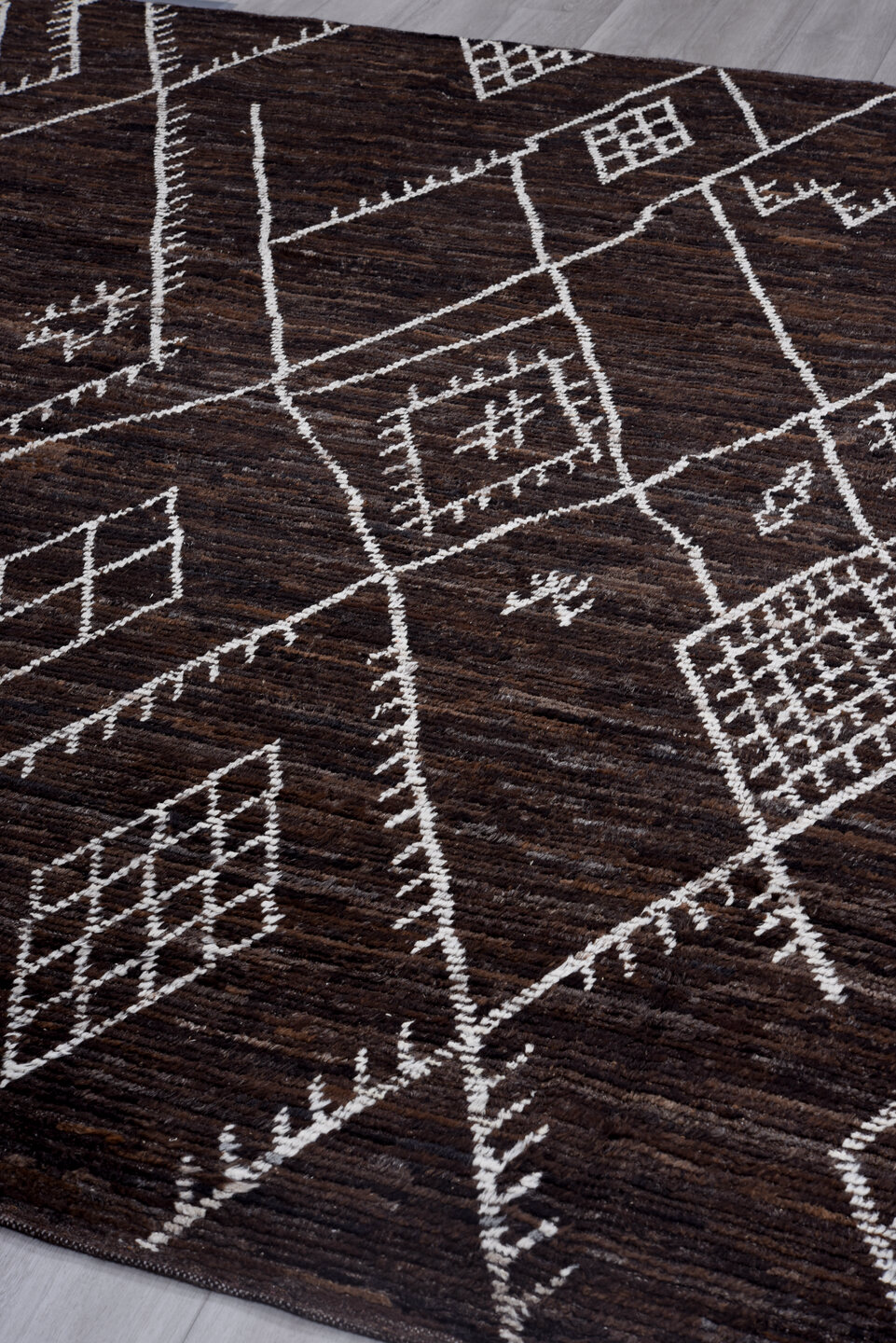 8' x 9' one-of-a-kind handmade vintage Tulu rug. Color palette: black, brown, charcoal, dark gray, gainsboro, gray