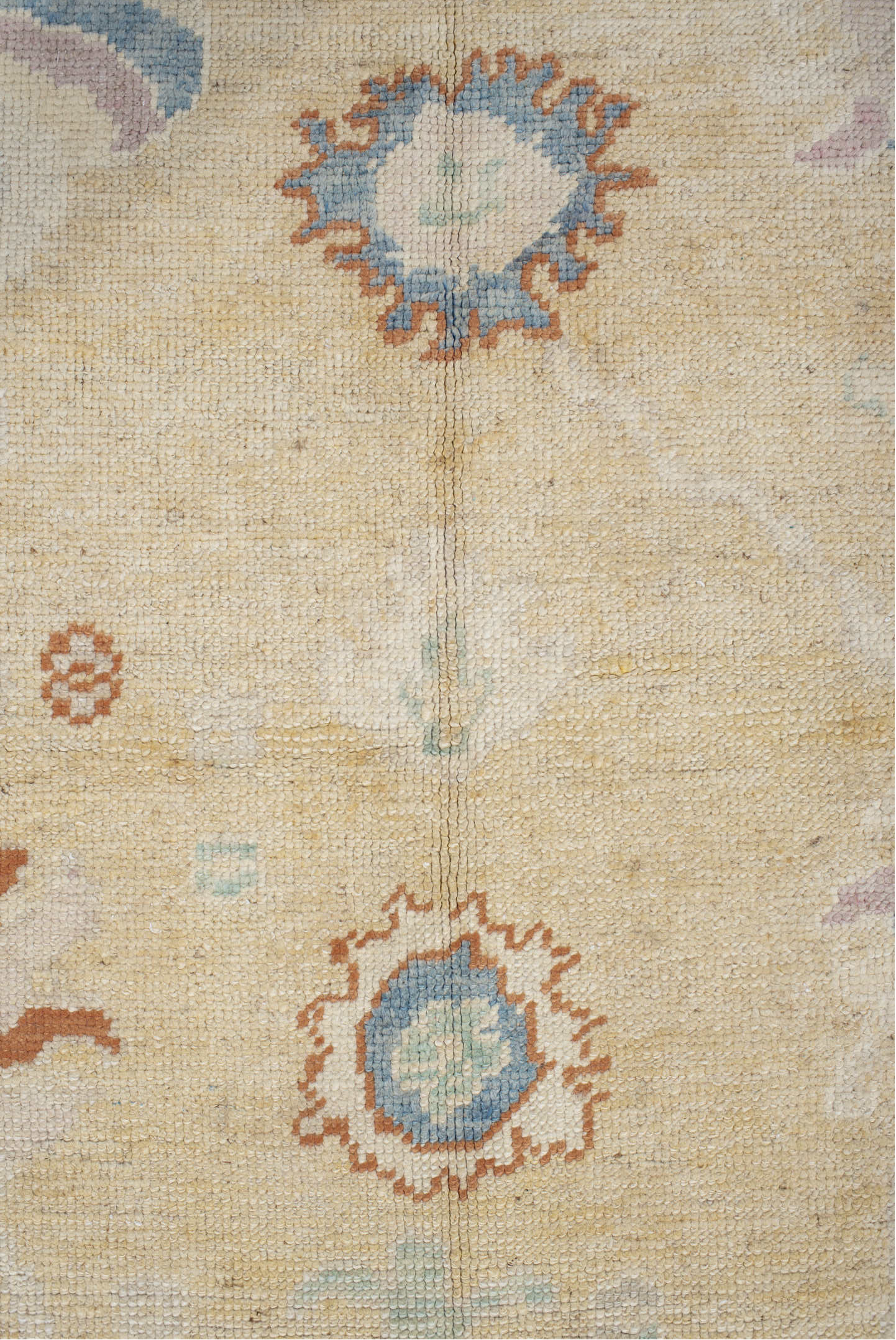 9' x 11' one-of-a-kind handmade vintage Oushak large size rug. Color palette: pink, off-white, gray, light gray, orange