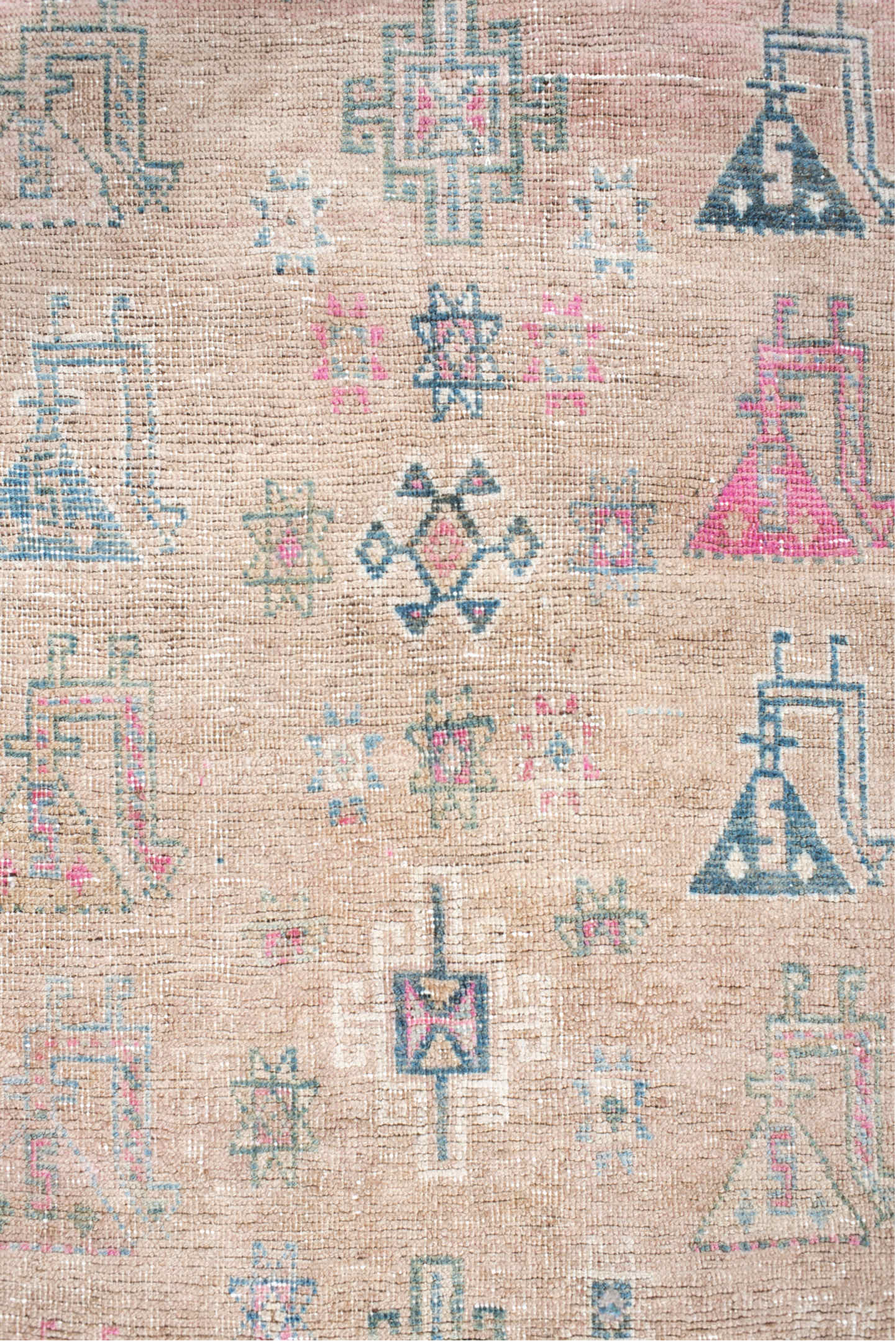 3' x 6' one-of-a-kind handmade vintage Gabbe small size rug. Color palette: gray, pink, off-white, black, brown, light gray