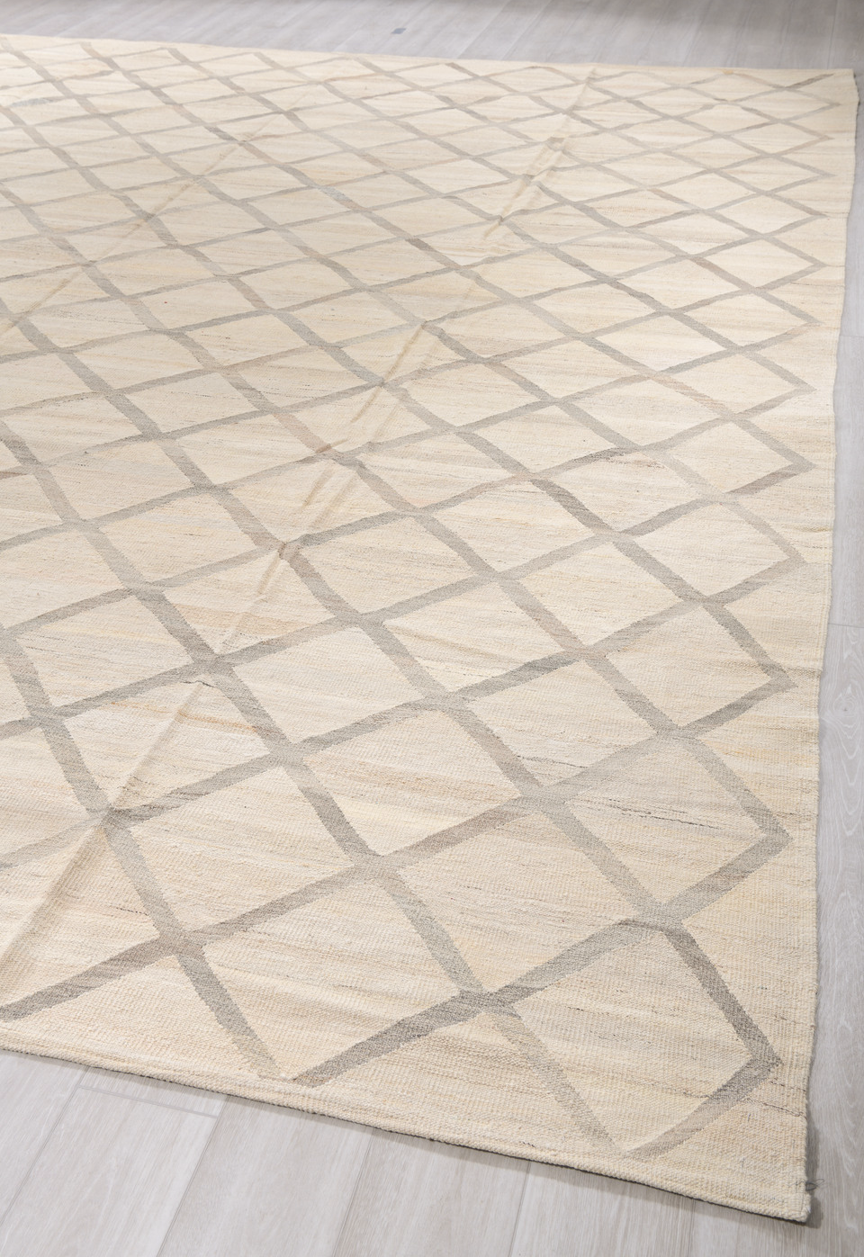 13' x 15' one-of-a-kind handmade vintage Kilim oversize rug. Color palette: antiquewhite, beige, black, brown, charcoal