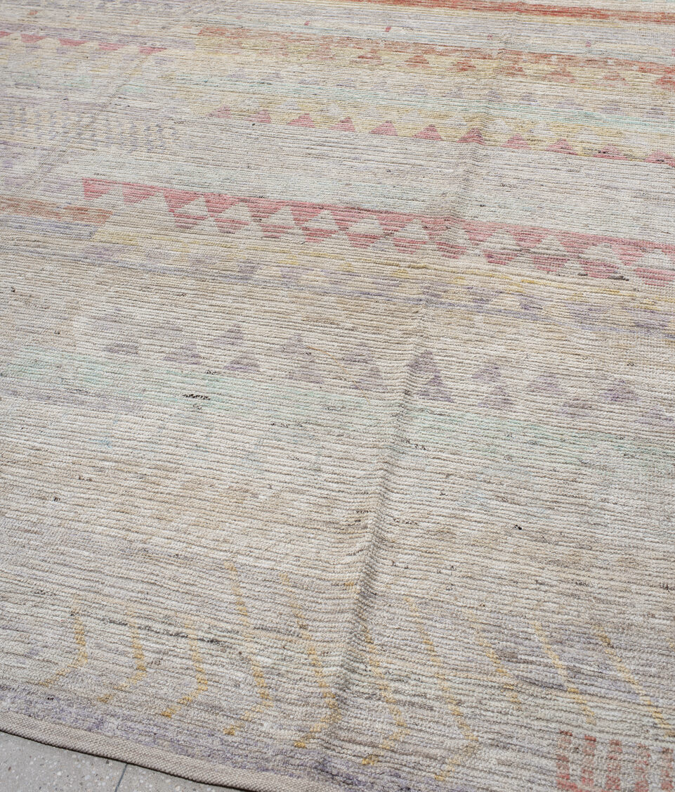 13' x 19' one-of-a-kind handmade vintage Tulu oversize rug. Color palette: brown, dark gray, gainsboro, gray, light gray