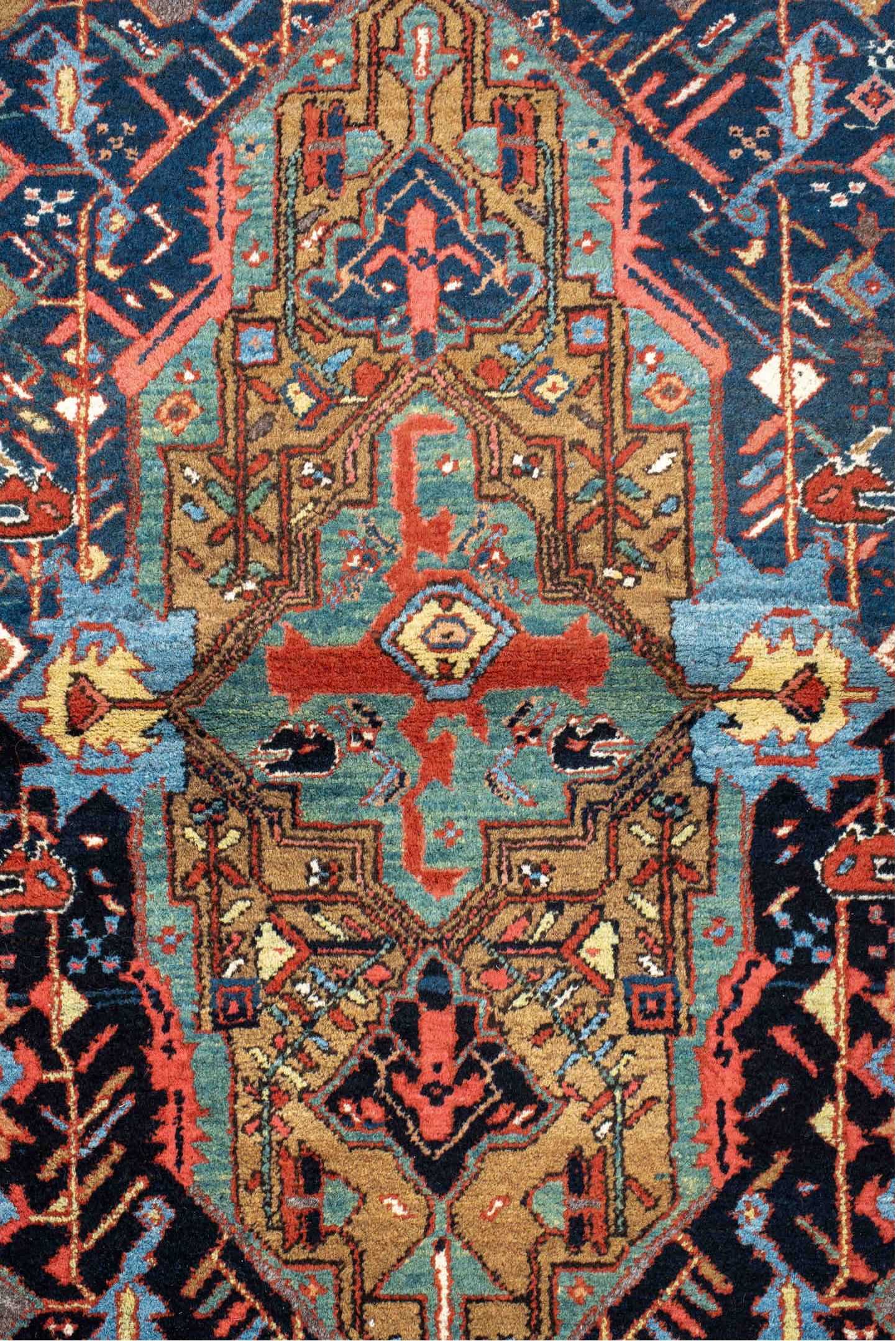 3' x 14' one-of-a-kind handmade vintage Karaje runner rug. Color palette: black, blue, brown, burlywood, dark slate gray