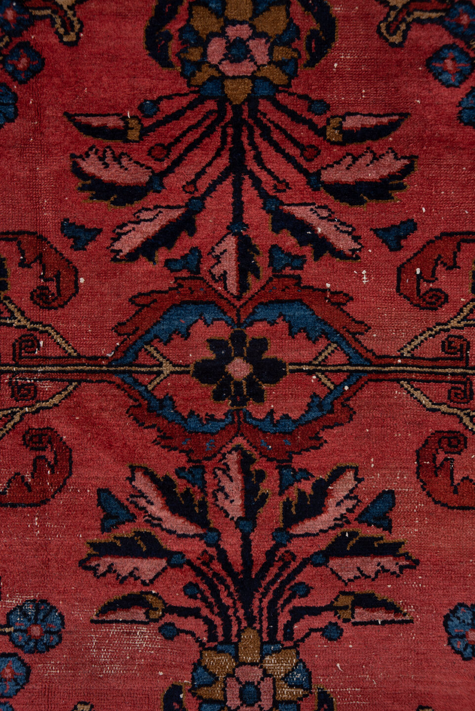 3' x 4' one-of-a-kind handmade vintage Lilian small size rug. Color palette: blue, brown, fiord, gray, pink, red, redwood