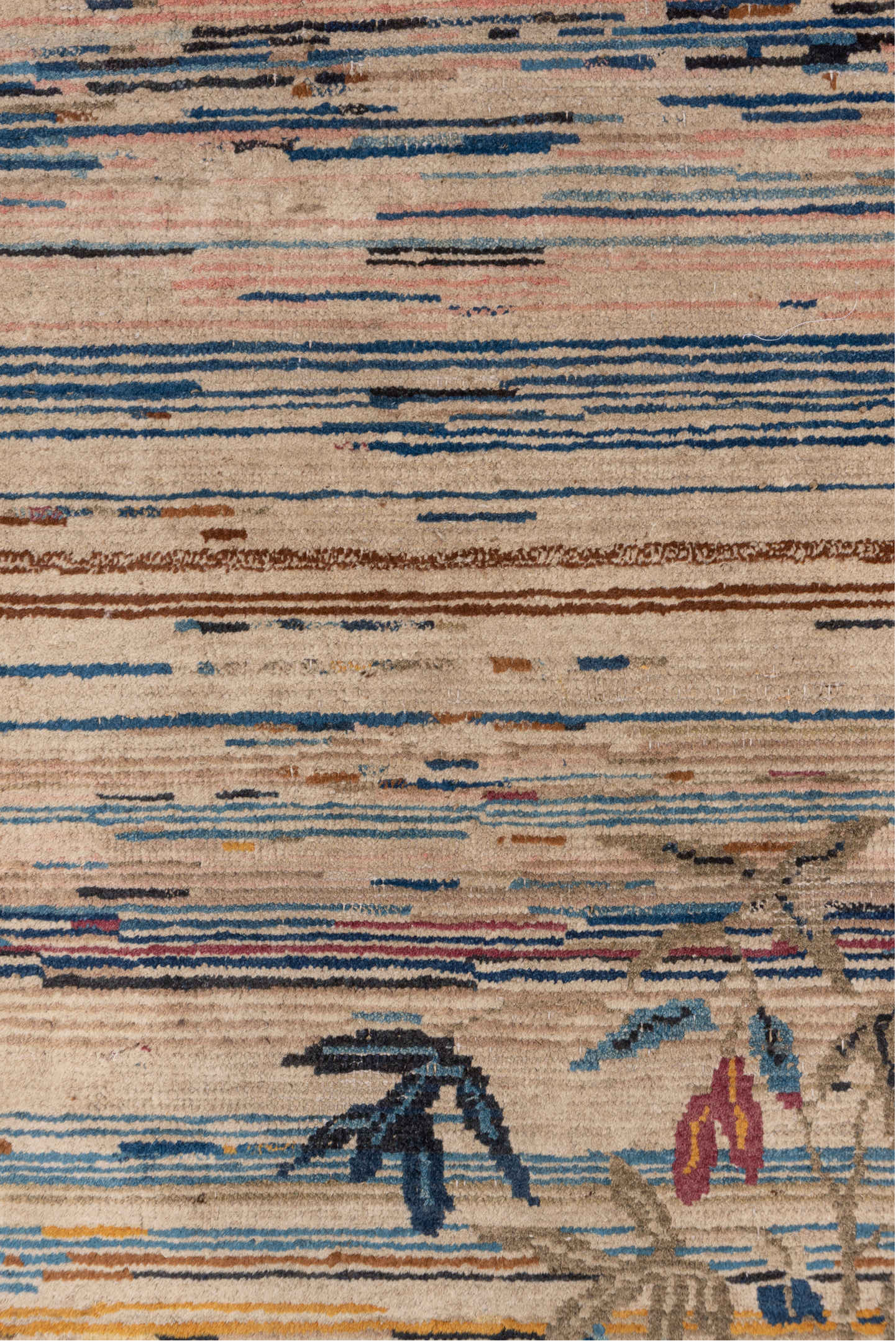 2' x 4' one-of-a-kind handmade vintage Chinese small size rug. Color palette: blue, brown, fiord, gray