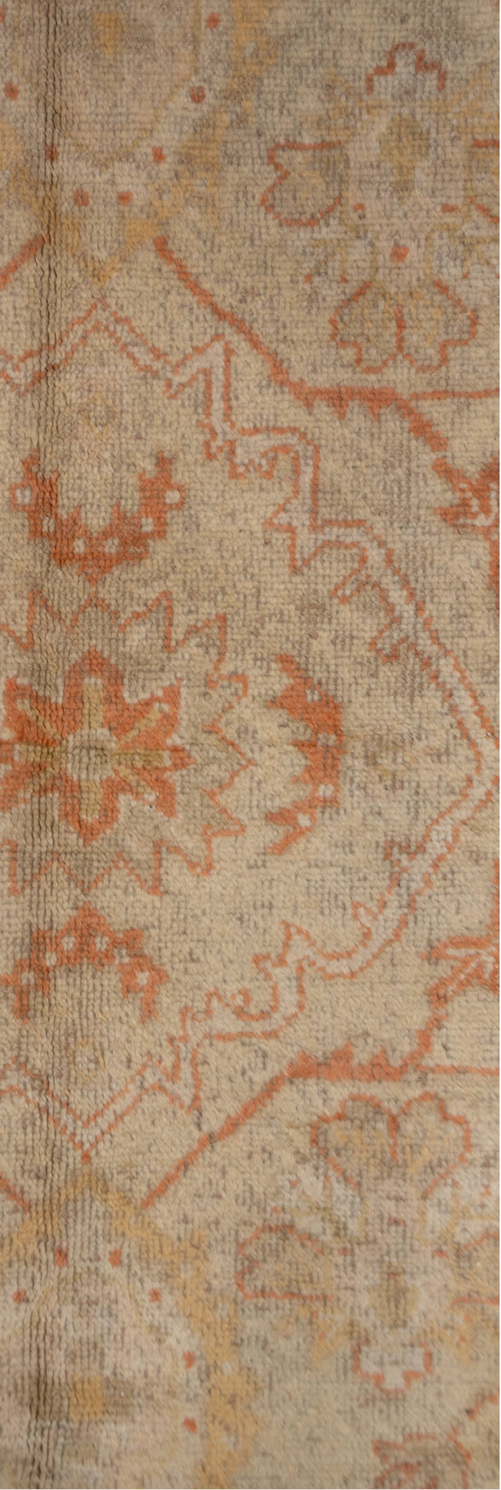 9' x 13' one-of-a-kind handmade vintage Oushak large size rug. Color palette: brown, gray, off-white, orange, pink, snow