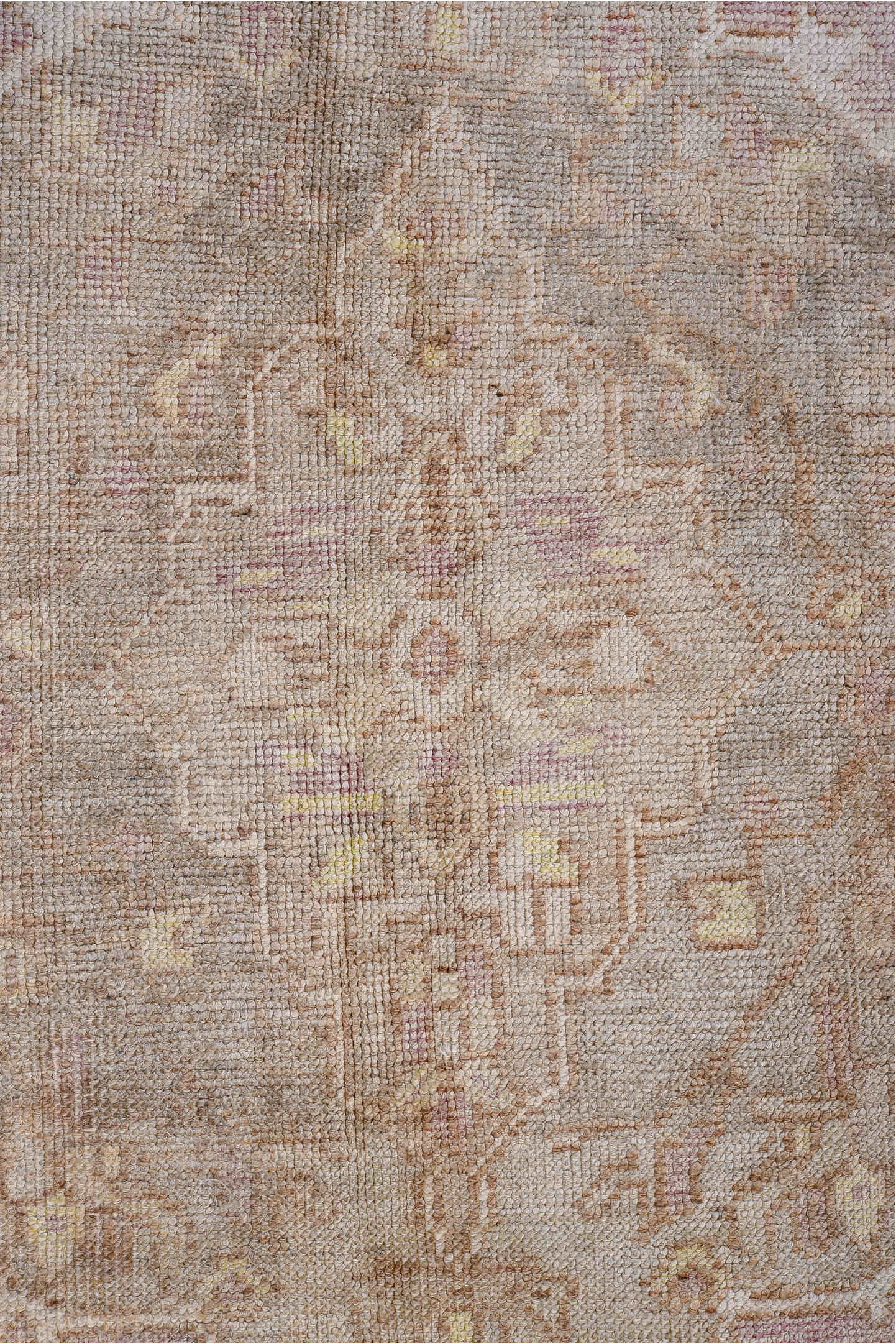 2' x 3' one-of-a-kind handmade vintage Oushak small size rug. Color palette: brown, gray, light gray, off-white, pink