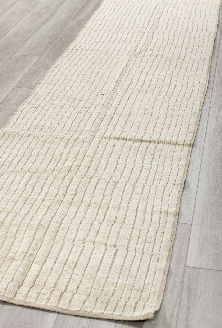 3' x 11' one-of-a-kind handmade vintage Tulu runner rug. Color palette: black, dark gray, gainsboro, gray, light gray, linen